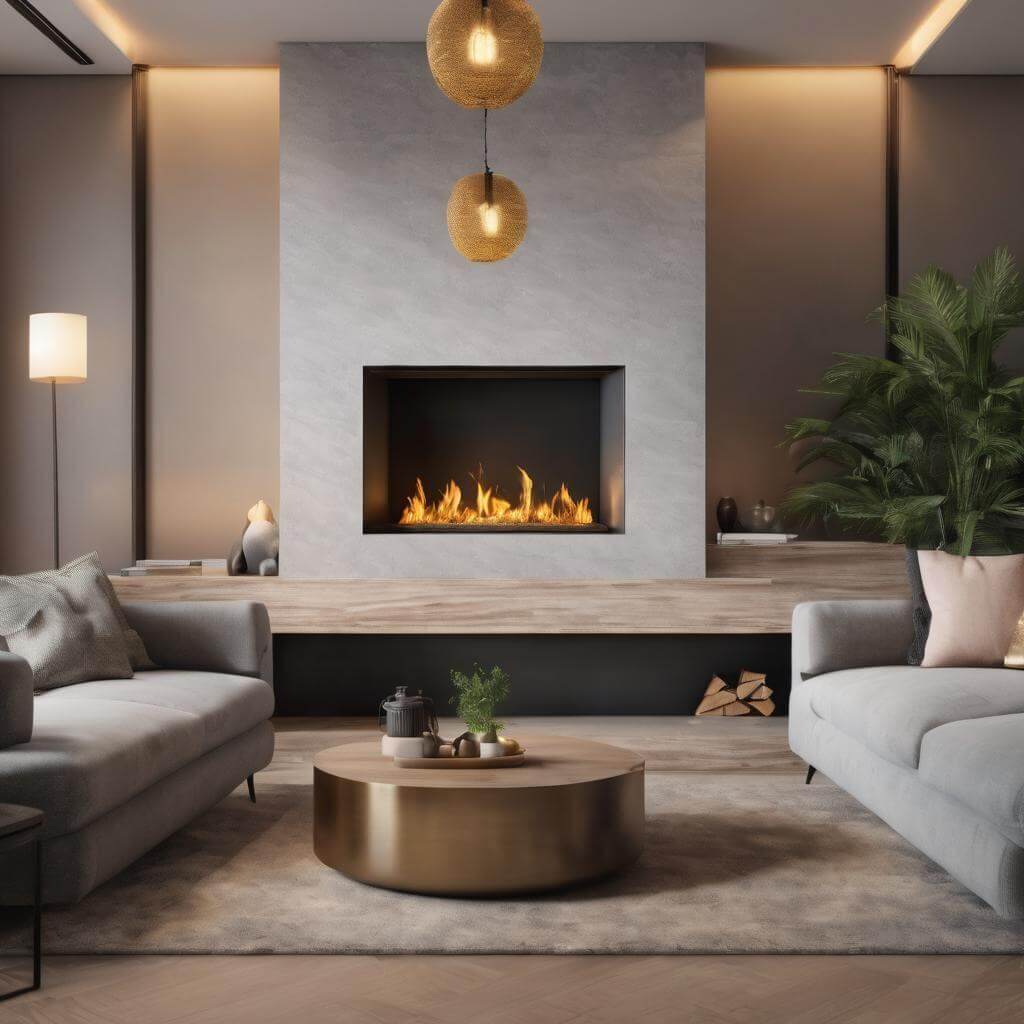 Modern salon dekorasyonunda yer alan şık yerleşik duvar şöminesi; sıcak aydınlatmalar, gri tonlarda koltuklar ve yuvarlak orta sehpa ile oluşturulmuş lüks ve huzurlu yaşam alanı.