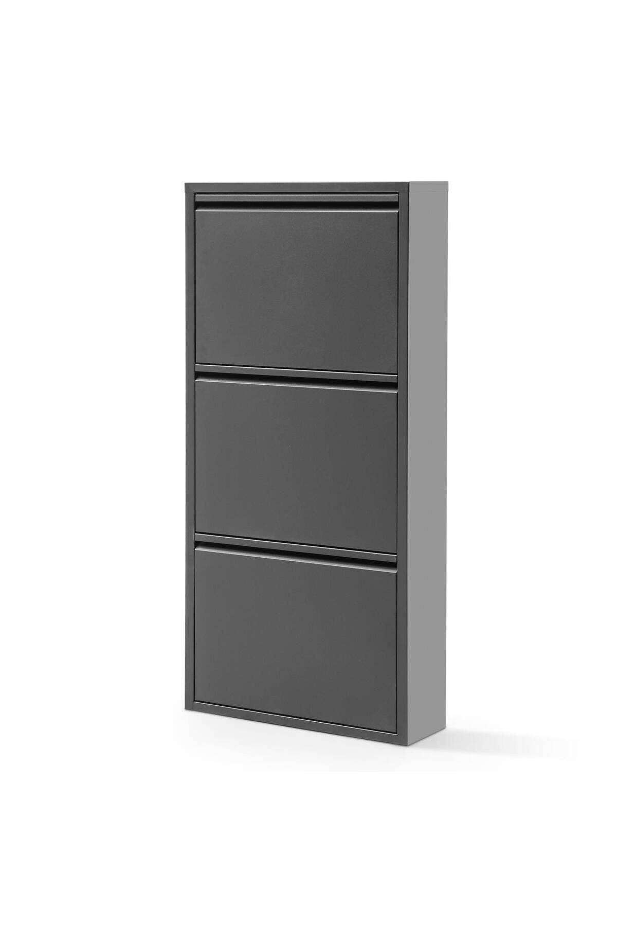 3 Raflı Metal Ayakkabılık | Siyah | Üç Çekmeceli | Ayakkabı Dolabı