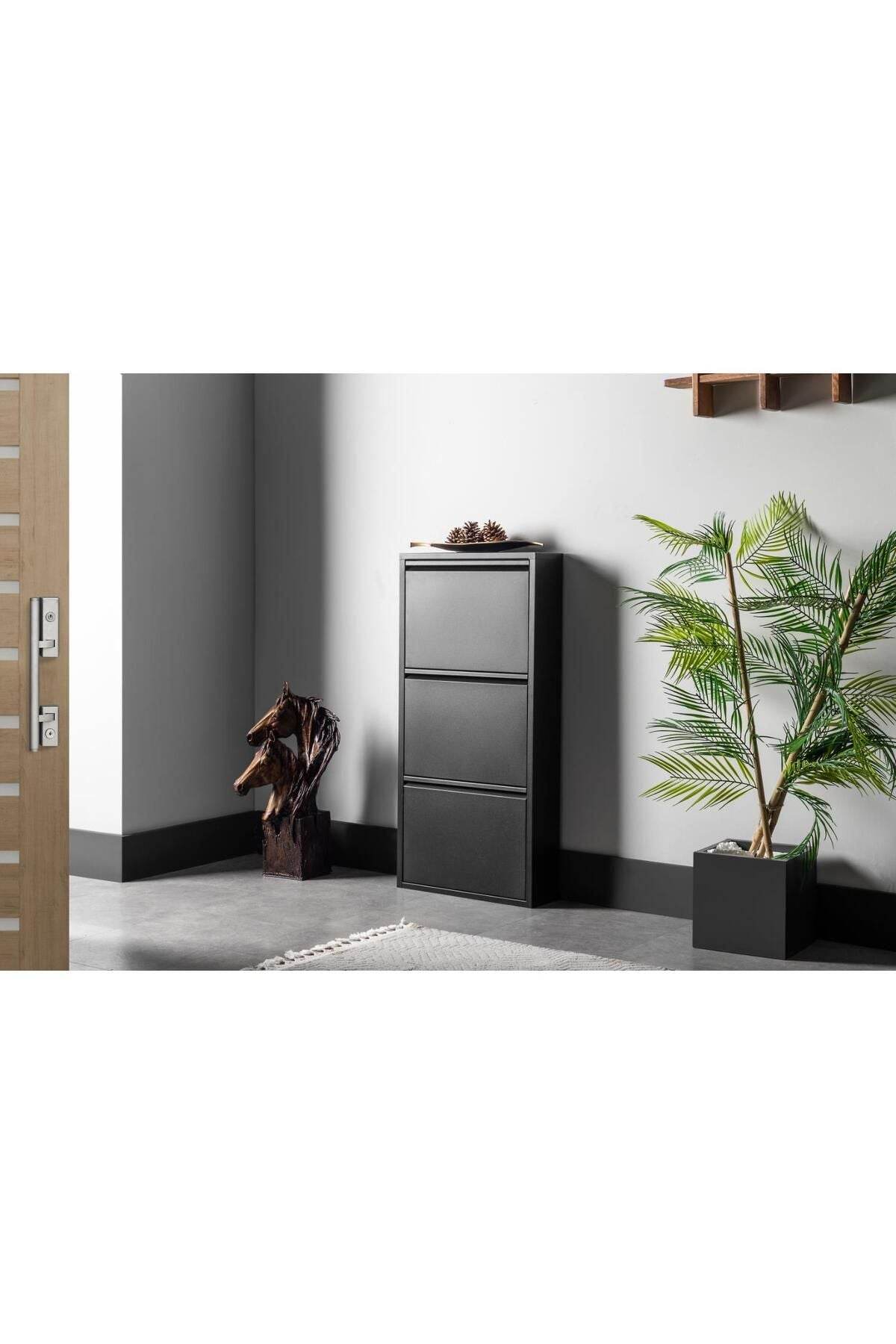 3 Raflı Metal Ayakkabılık | Siyah | Üç Çekmeceli | Ayakkabı Dolabı