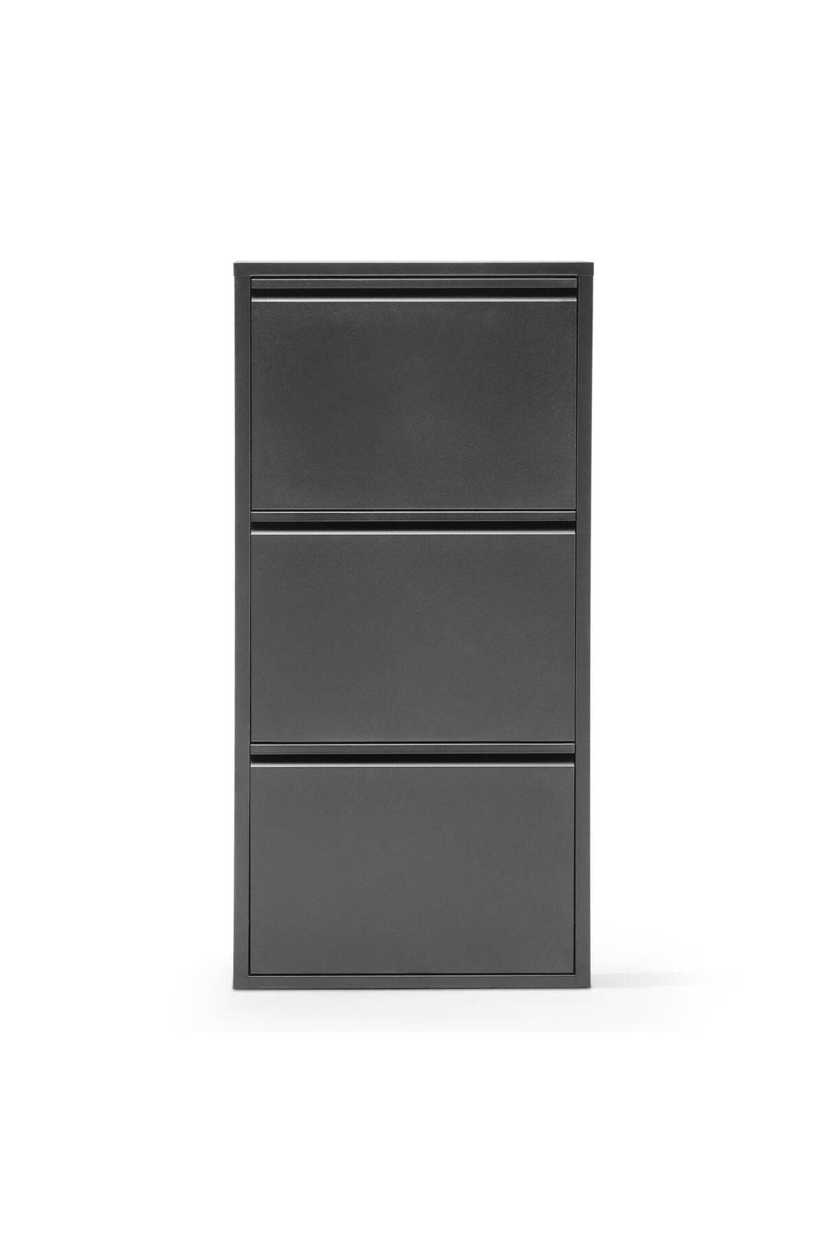 3 Raflı Metal Ayakkabılık | Siyah | Üç Çekmeceli | Ayakkabı Dolabı