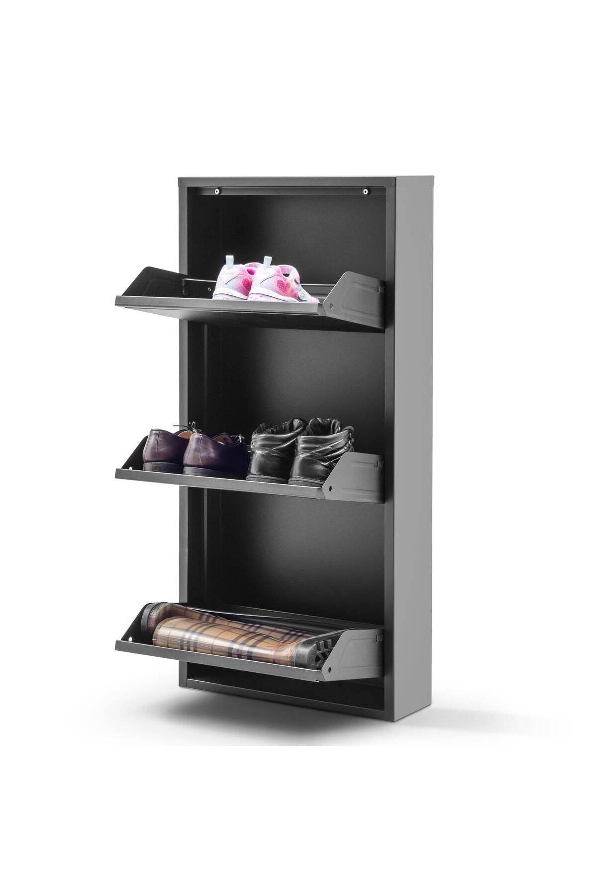 3 Raflı Metal Ayakkabılık | Siyah | Üç Çekmeceli | Ayakkabı Dolabı