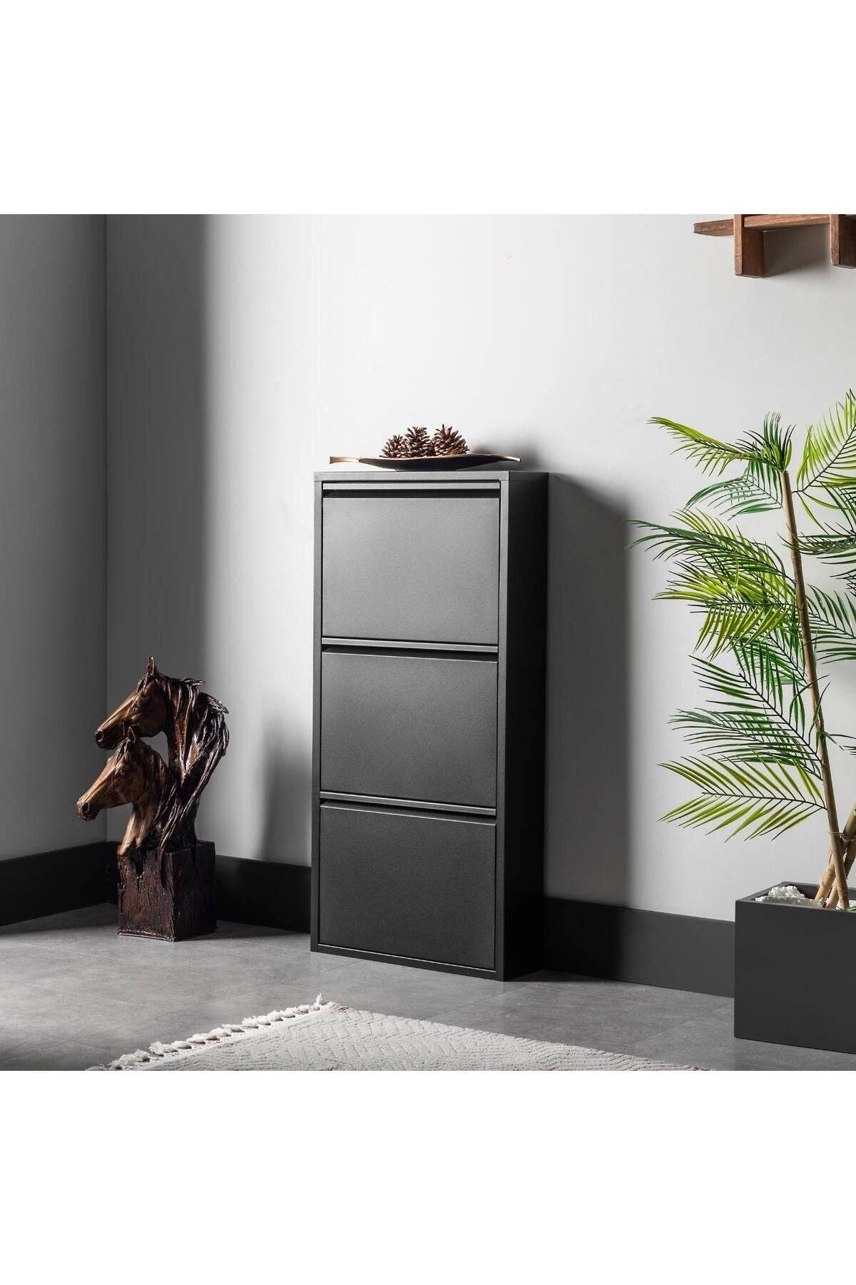 3 Raflı Metal Ayakkabılık | Siyah | Üç Çekmeceli | Ayakkabı Dolabı