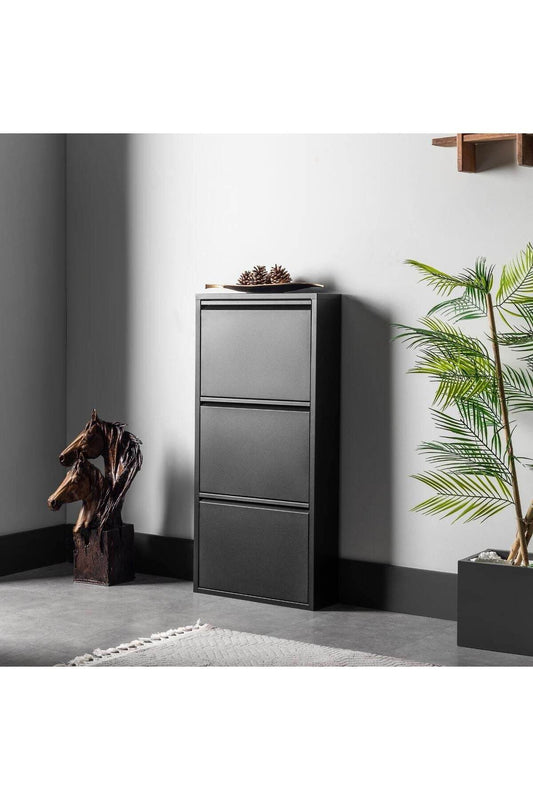 3 Raflı Metal Ayakkabılık | Siyah | Üç Çekmeceli | Ayakkabı Dolabı