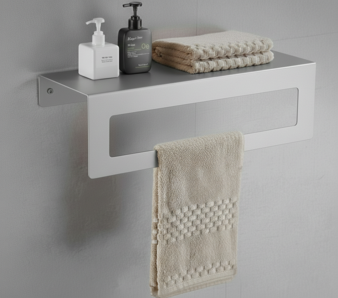 Açık Gri Galvaniz Banyo Rafı - Havlu Askısı Fonksiyonlu Modern Metal Raf | Chalybes