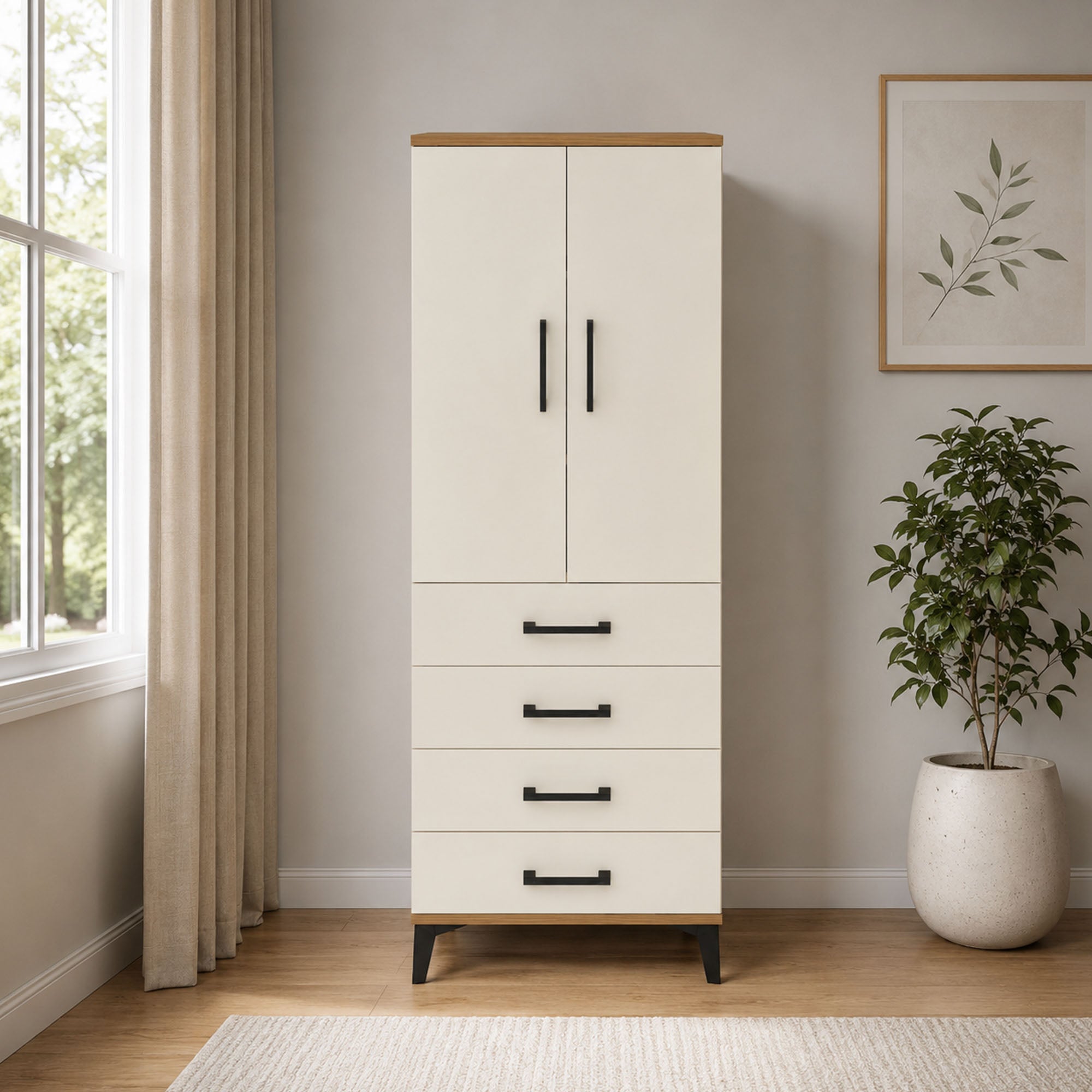 Arges Dolap 3 Raflı 4 Çekmeceli 2 Kapaklı 60x30x163 Çam-Aytaşı