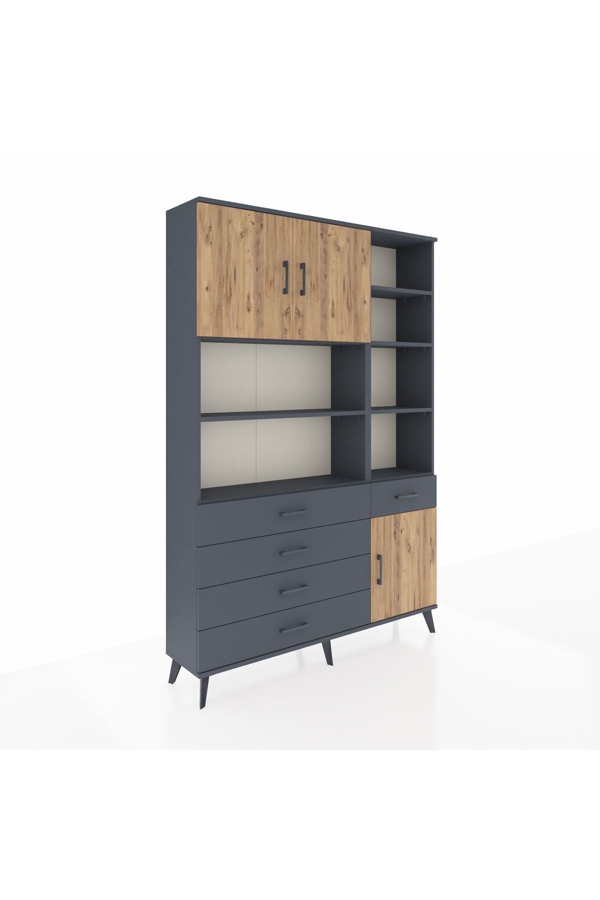 Arges Dolap 9 Raflı 5 Çekmeceli 3 Kapaklı 132x30x195 Antrasit-Çam/Antrasit