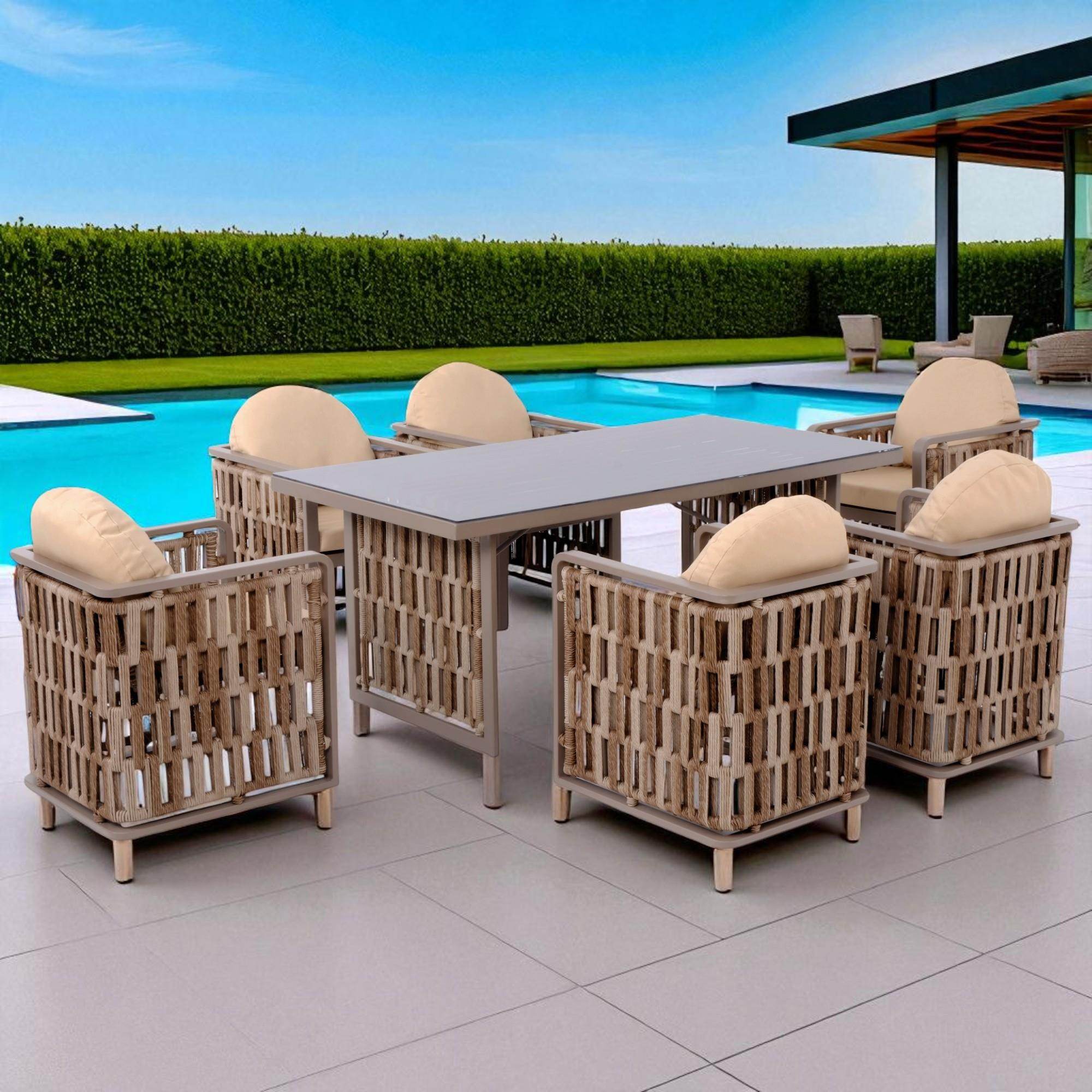 Talia | Rattan Bahçe Masa Takımı | 100X200 6 Kişilik Bahçe Mobilyası