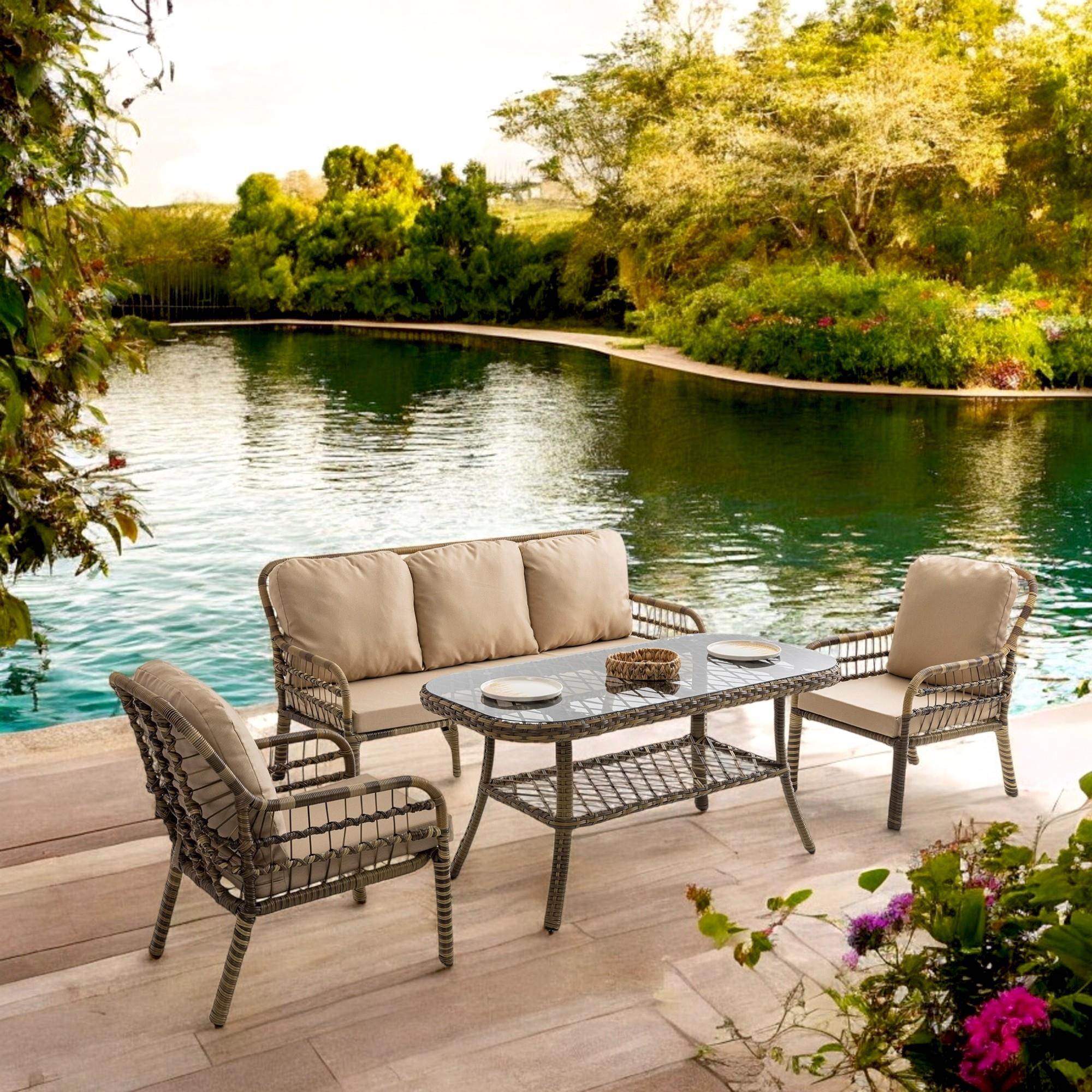 Capri Swing Pisa Üçlü Rattan Bahçe Balkon Oturma Grubu | Açık Kahve | 803