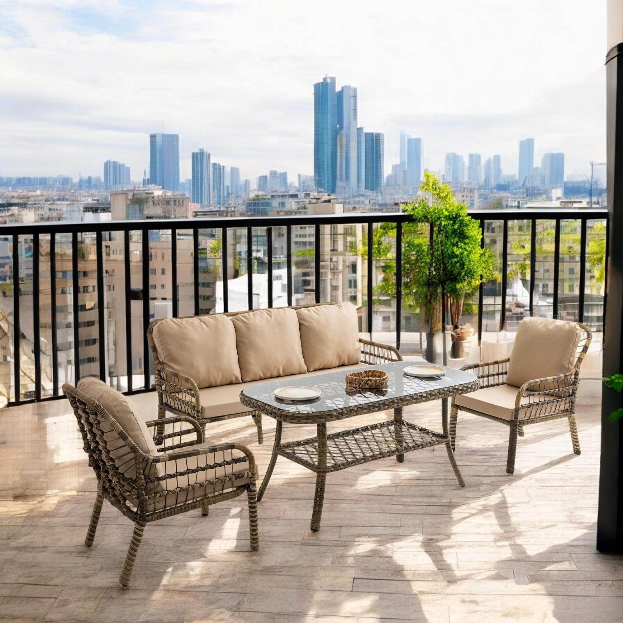 Capri Swing Pisa Üçlü Rattan Bahçe Balkon Oturma Grubu | Açık Kahve | 803