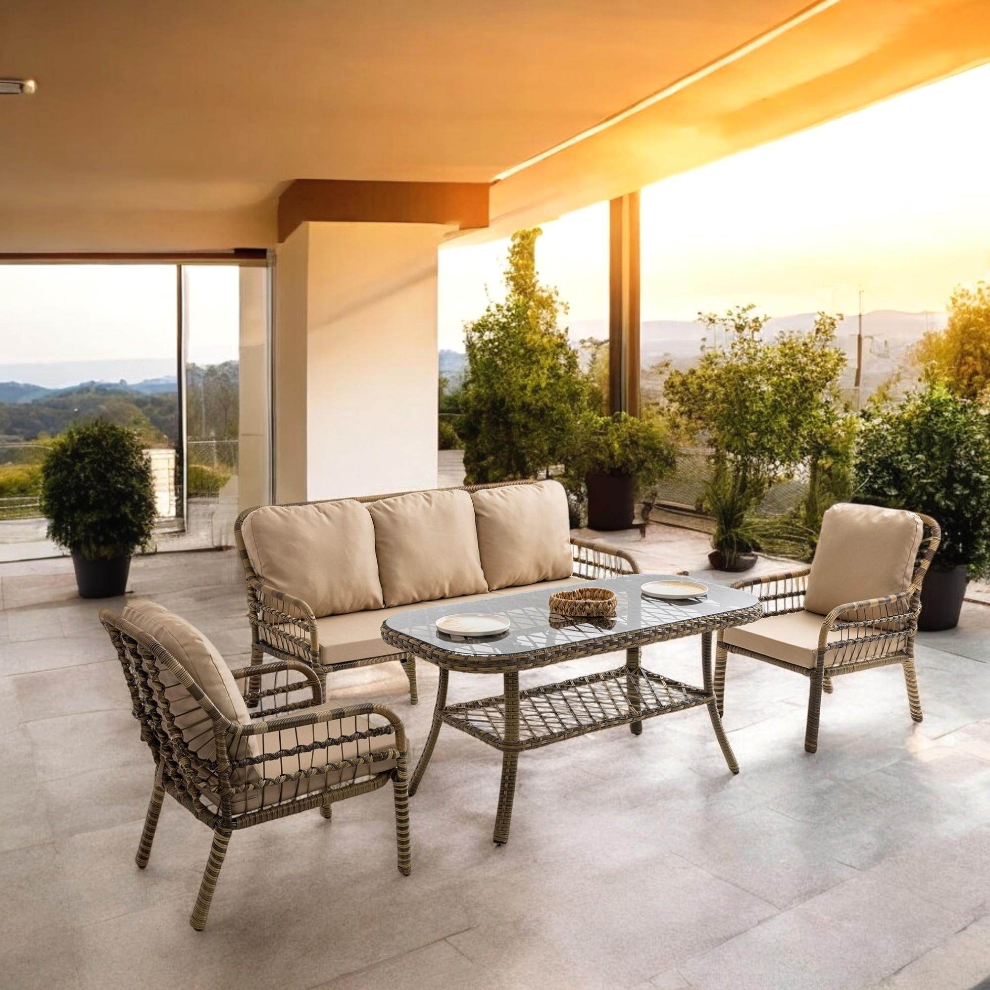 Capri Swing Pisa Üçlü Rattan Bahçe Balkon Oturma Grubu | Açık Kahve | 803