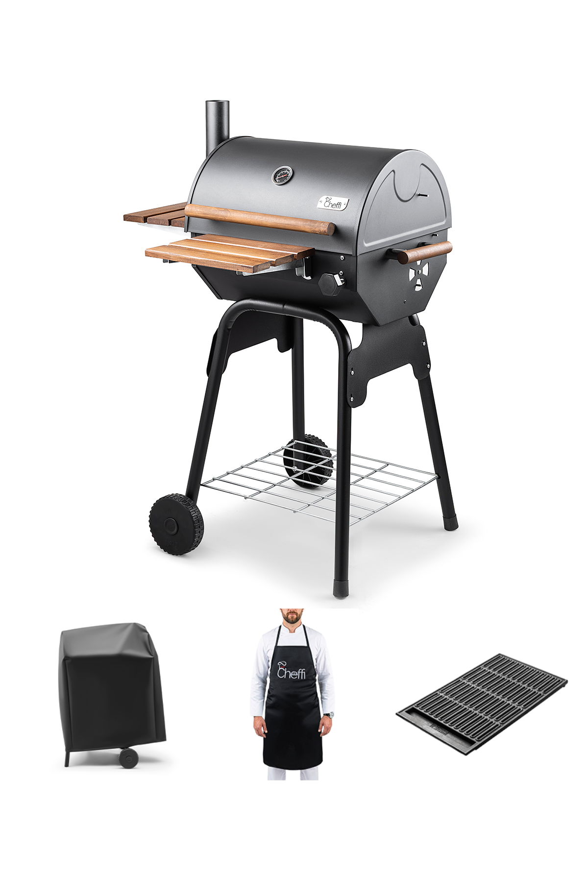 Cheffi Grillord‑50 Kömürlü Barbekü (1 Adet Döküm Izgaralı) + Hediye Seti (Önlük + Kılıf )