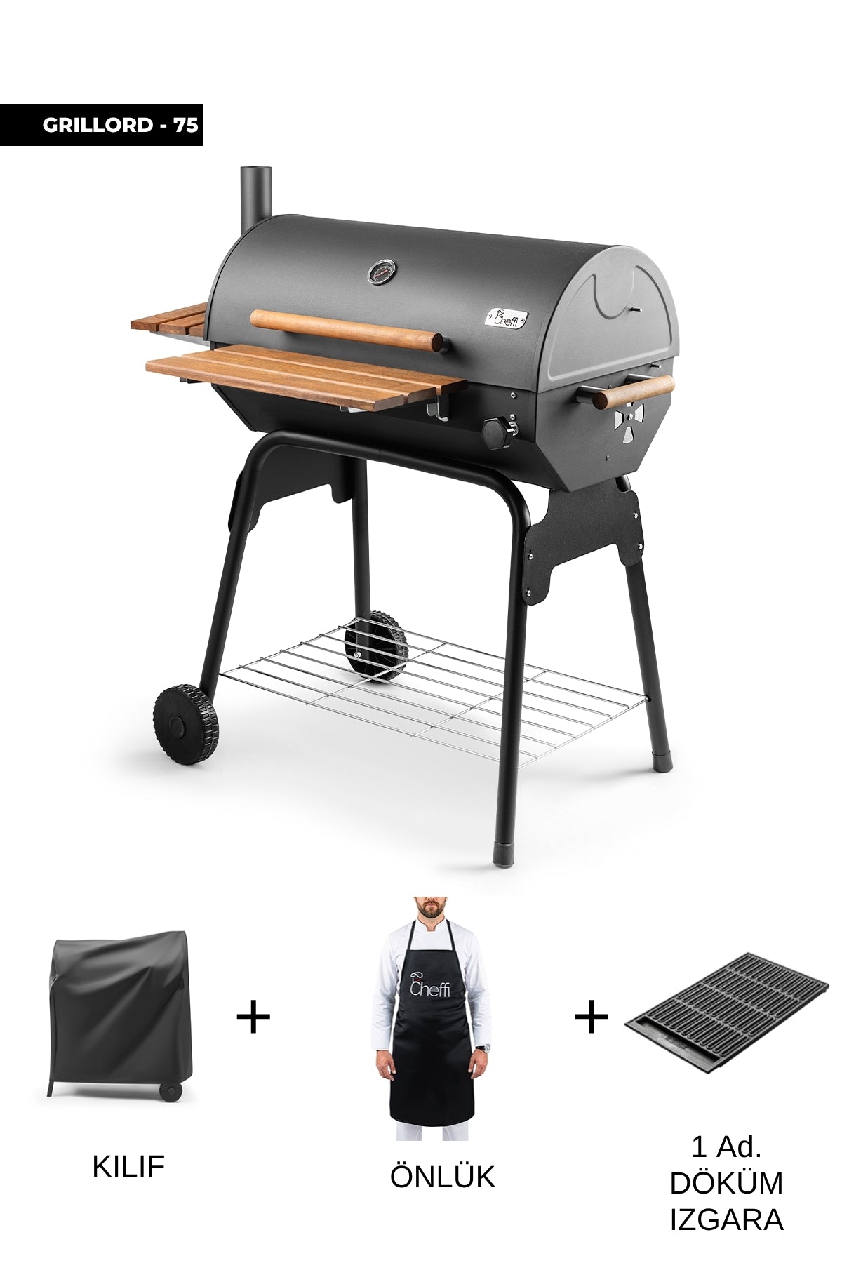 Cheffi Grillord‑75 Kömürlü Barbekü (1 Adet Döküm Izgaralı) + Hediye Seti (Önlük + Kılıf )