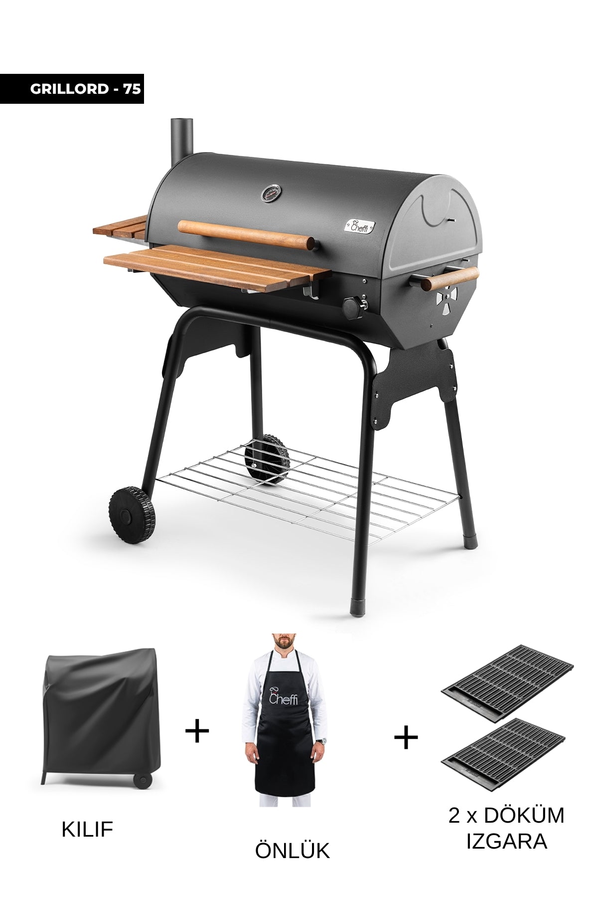 Cheffi Grillord‑75 Kömürlü Barbekü (2 Adet Döküm Izgaralı) + Hediye Seti (Önlük + Kılıf )