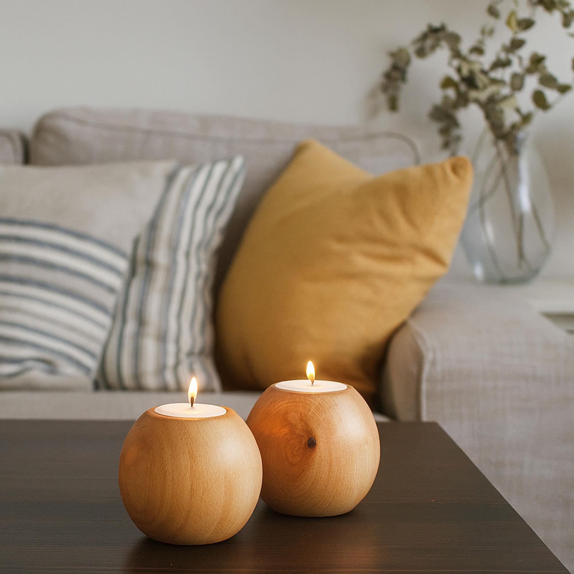 Cocoa 2’li Ahşap Mumluk Seti | Yuvarlak Tealight Şamdan