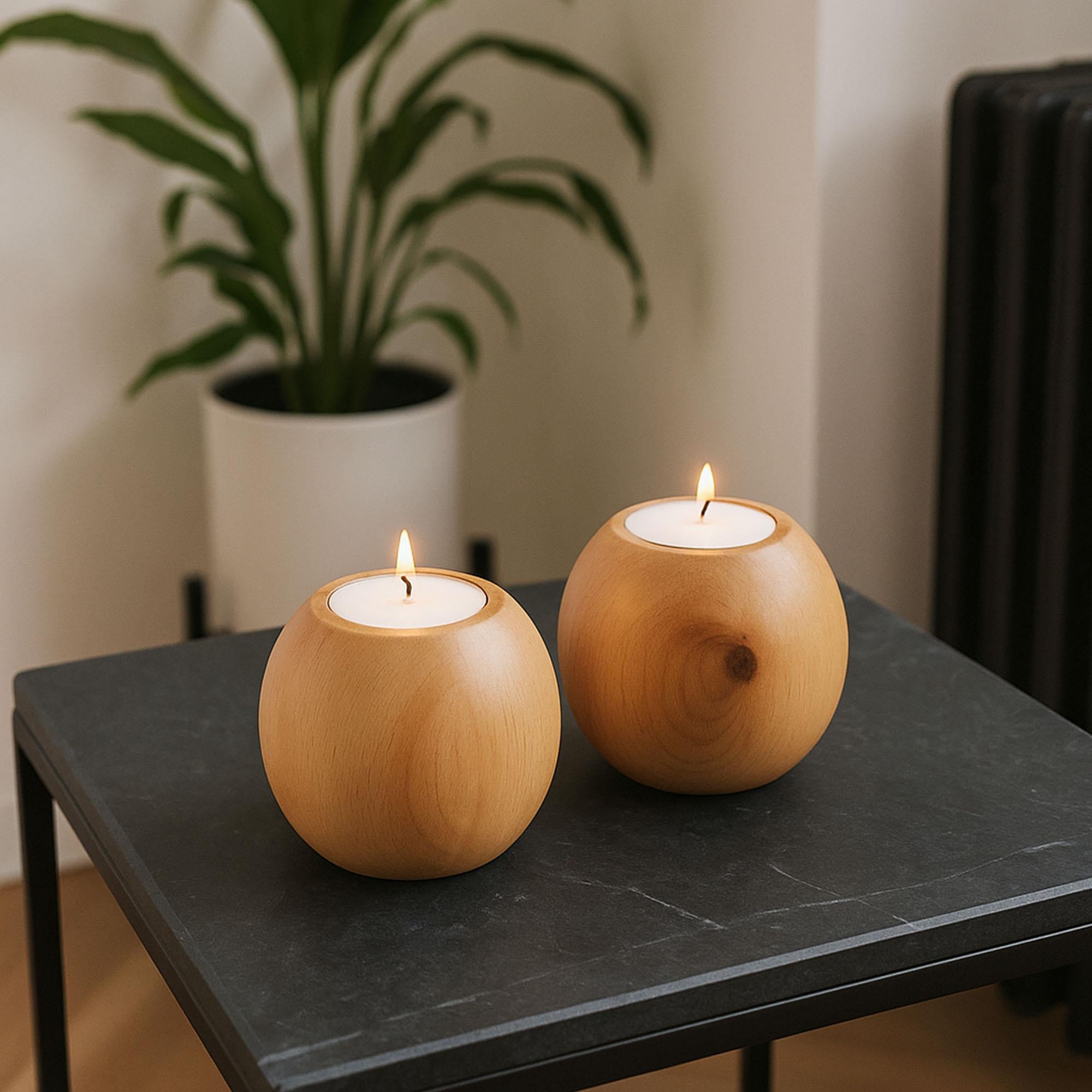 Cocoa 2’li Ahşap Mumluk Seti | Yuvarlak Tealight Şamdan