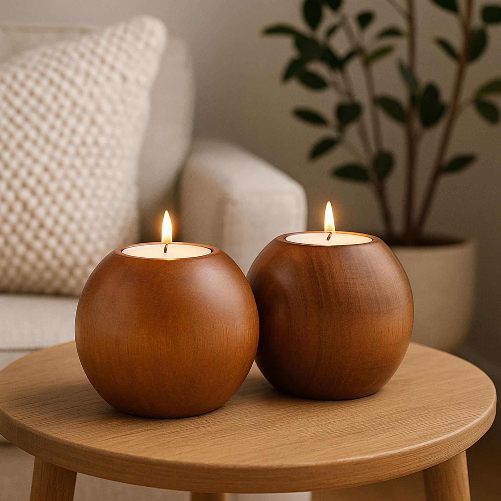 Cocoa 2’li Ahşap Mumluk Seti | Yuvarlak Tealight Şamdan