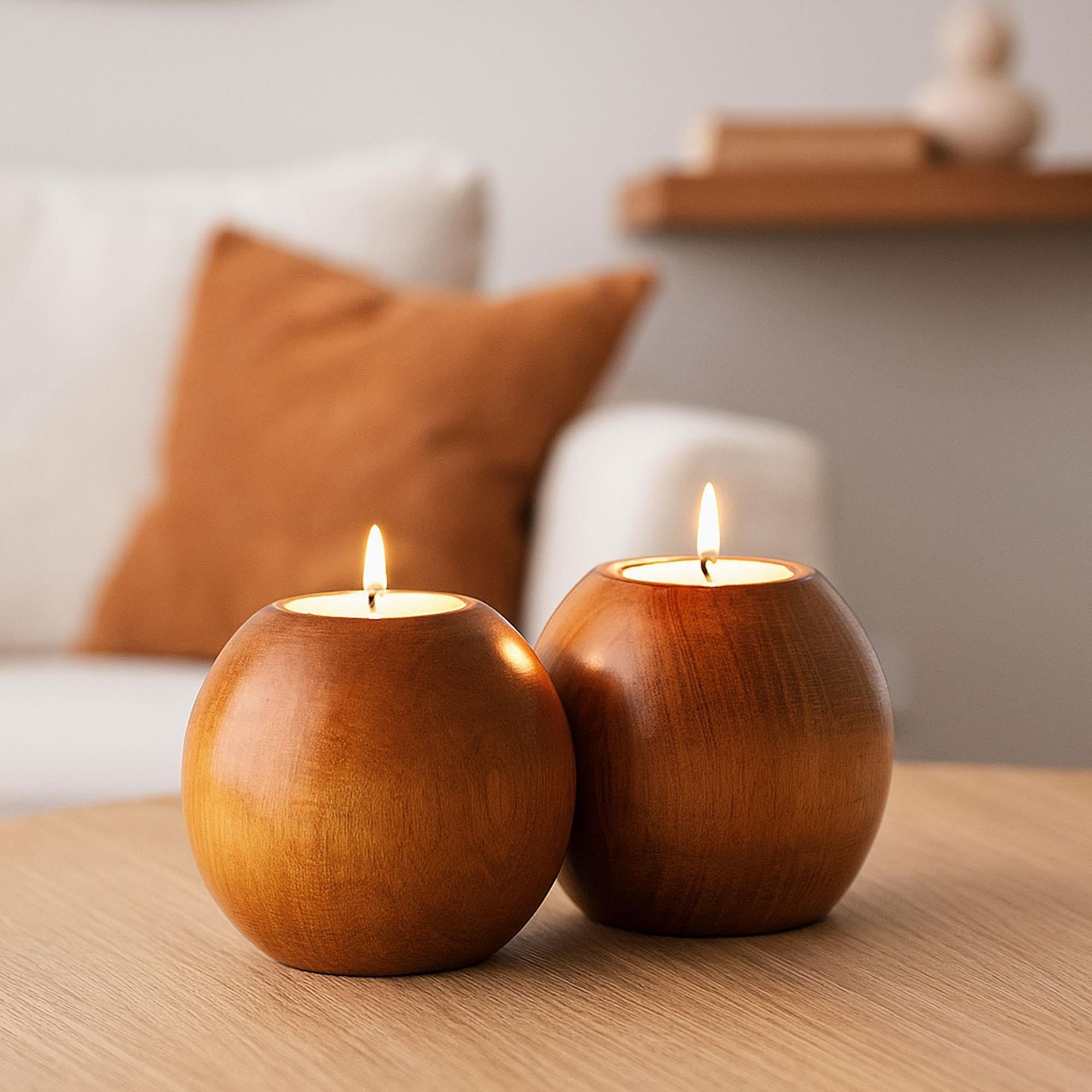 Cocoa 2’li Ahşap Mumluk Seti | Yuvarlak Tealight Şamdan