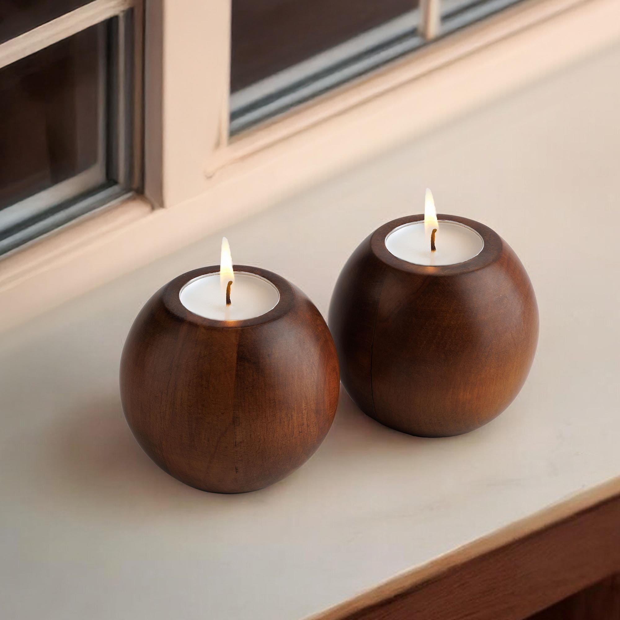 Cocoa 2’li Ahşap Mumluk Seti | Yuvarlak Tealight Şamdan