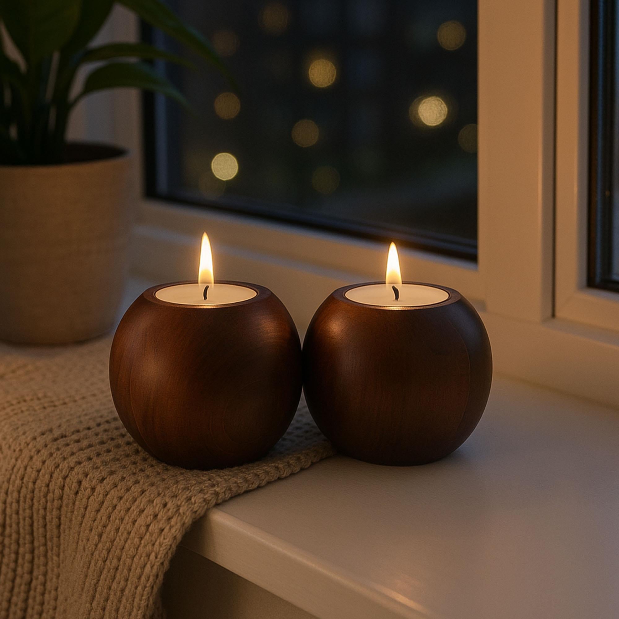 Cocoa 2’li Ahşap Mumluk Seti | Yuvarlak Tealight Şamdan