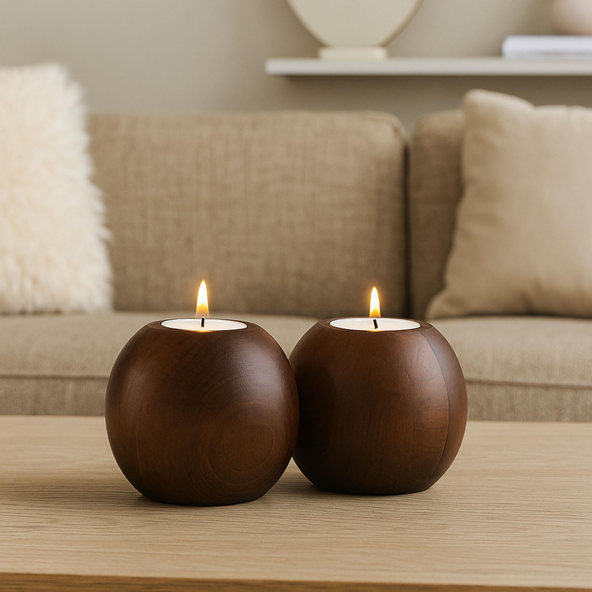 Cocoa 2’li Ahşap Mumluk Seti | Yuvarlak Tealight Şamdan