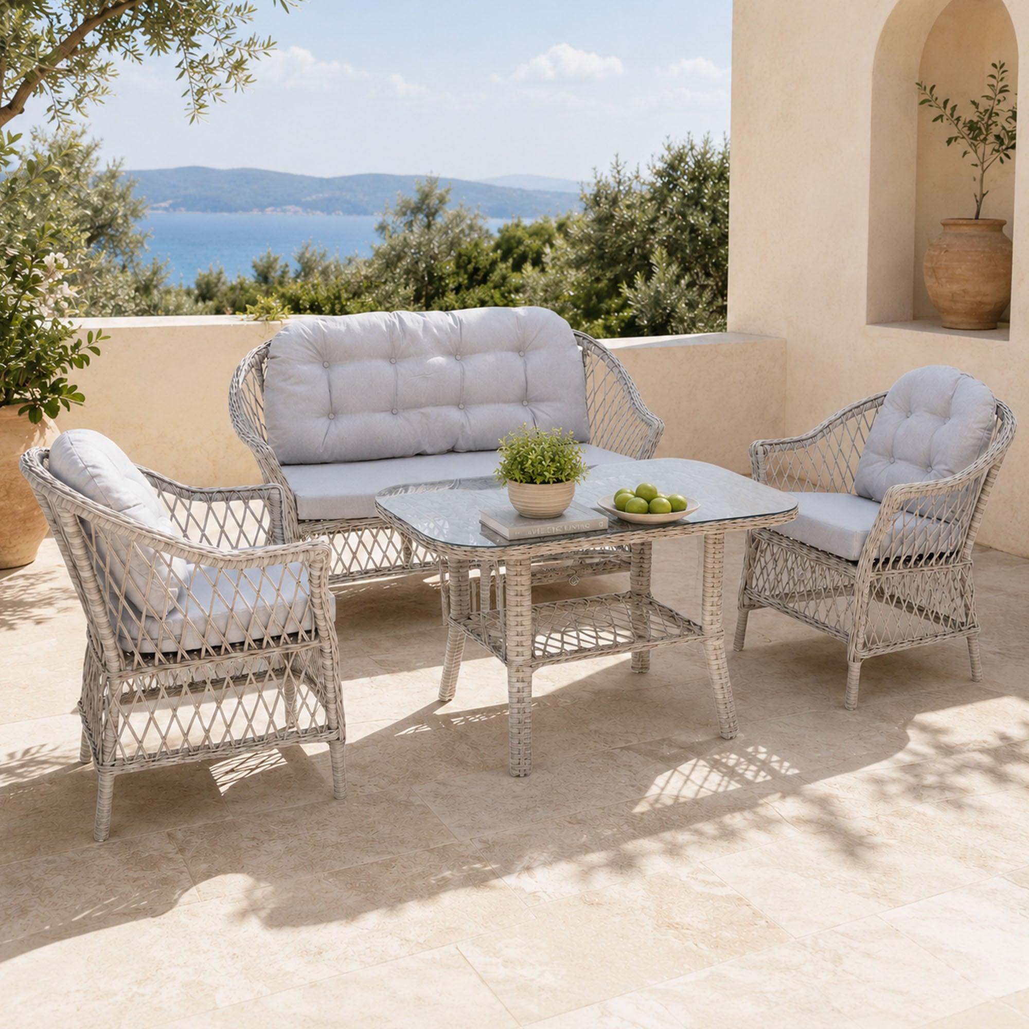 Eterna X 2+1+1 rattan oturma grubu, Akdeniz tarzı terasta çapraz görünüm