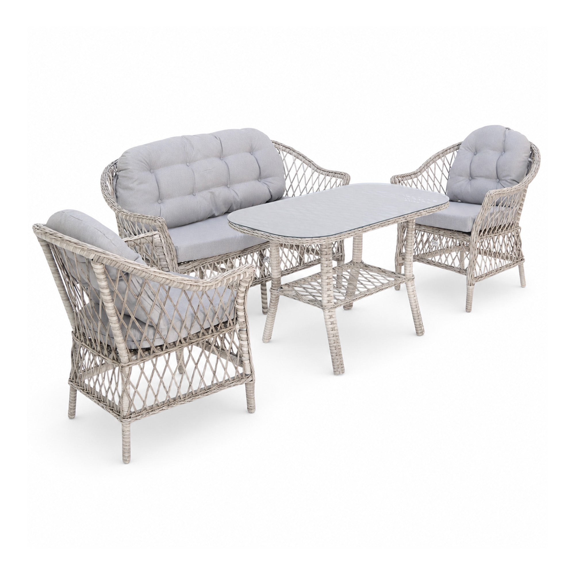 Eterna X rattan bahçe oturma grubu ve sehpa, beyaz fonda çapraz açıdan görünüm