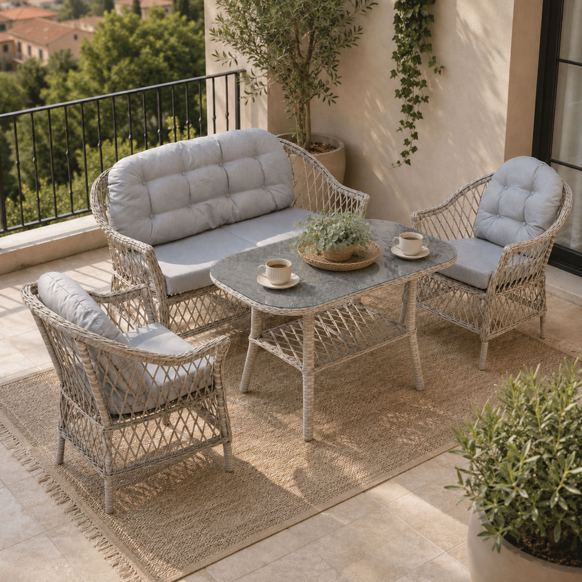 Eterna X rattan bahçe takımı, terasta üst çapraz açıdan görünüm