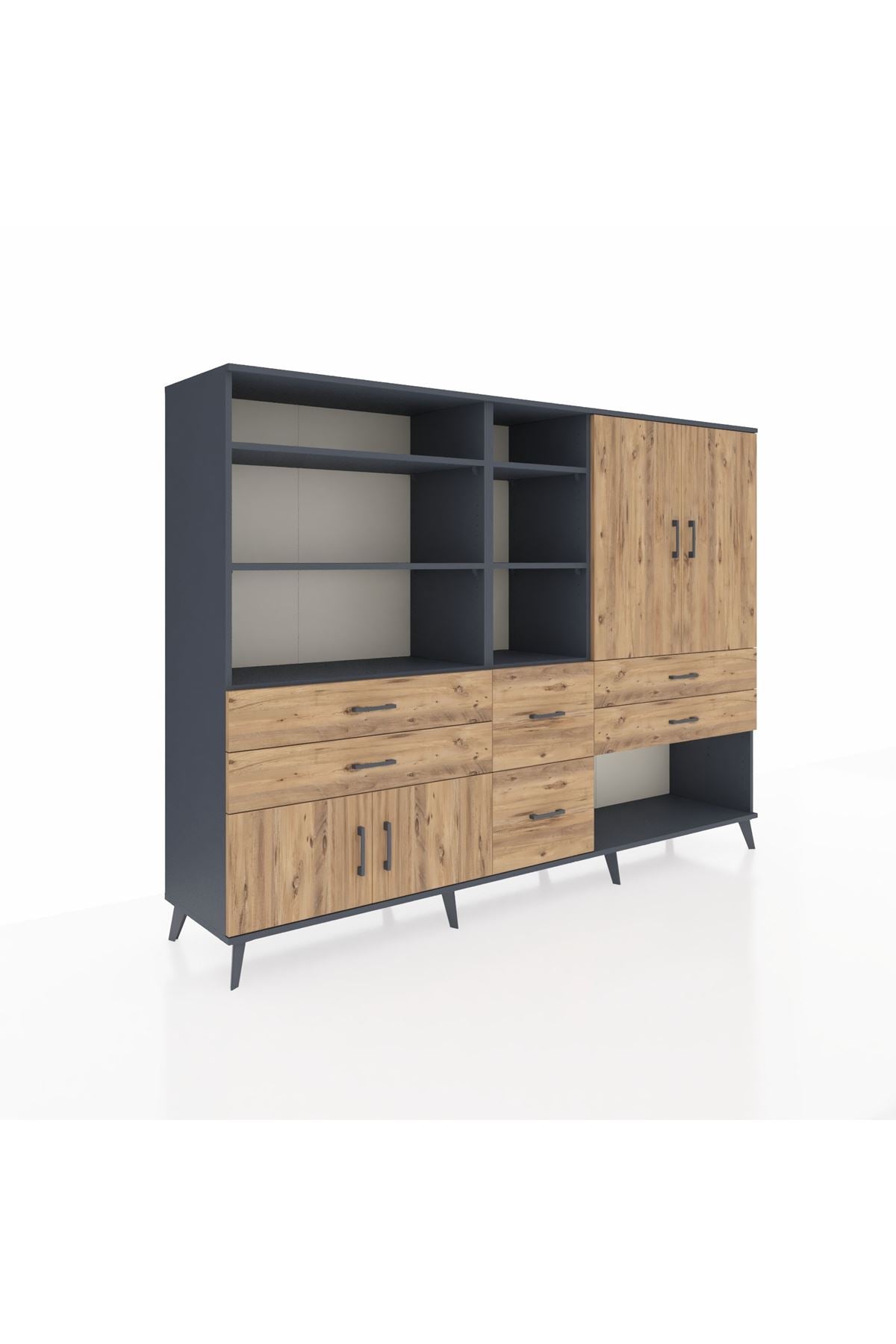 Hyperion Dolap 10 Raflı 6 Çekmeceli 4 Kapaklı 220x44x163 Antrasit-Çam