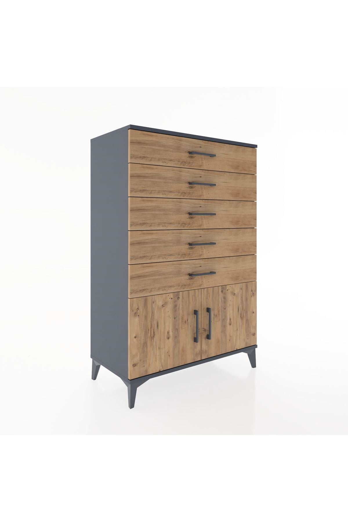 Hyperion Dolap 5 Çekmeceli 2 Kapaklı 88x44x134 Antrasit-Çam