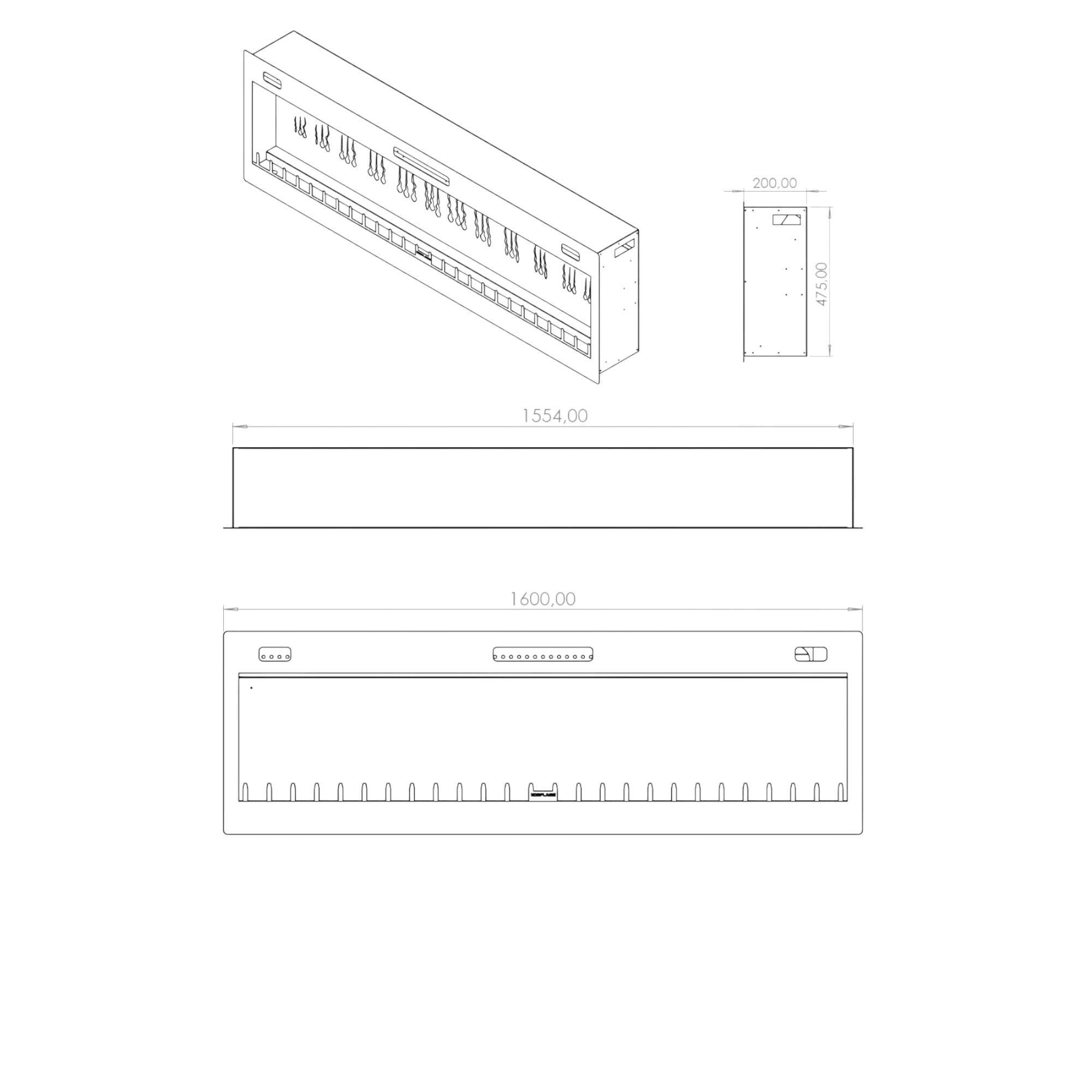 Isıtmalı Elektrikli Şömine | Korcam 160-S | 160x20x52 cm
