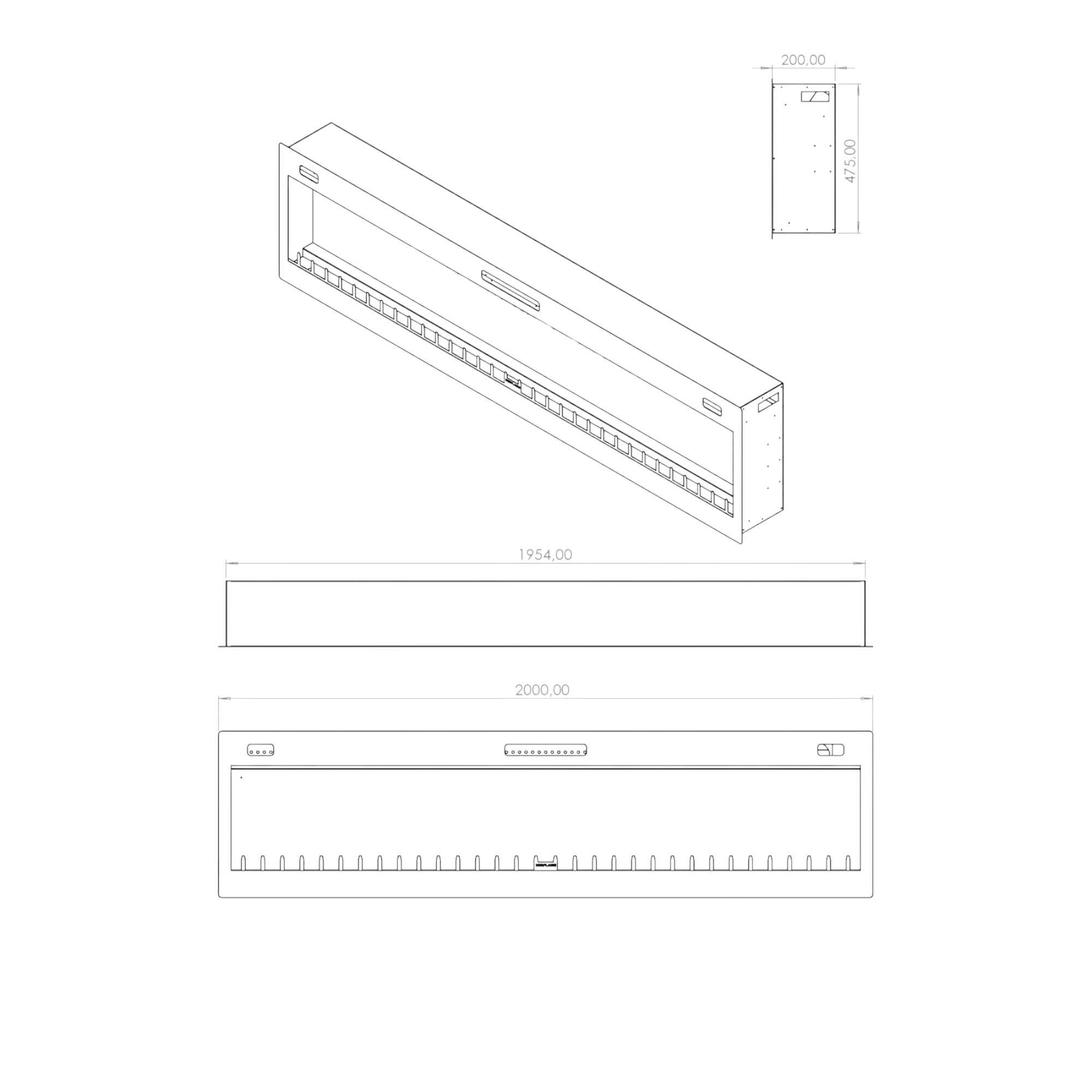 Isıtmalı Elektrikli Şömine | Korcam 200-S | 200x20x52 cm