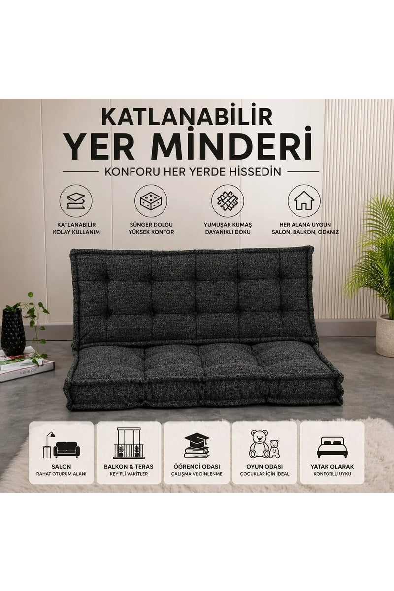 Katlanabilir Yer Minderi 130x70 cm Çok Amaçlı Zemin Minderi Siyah
