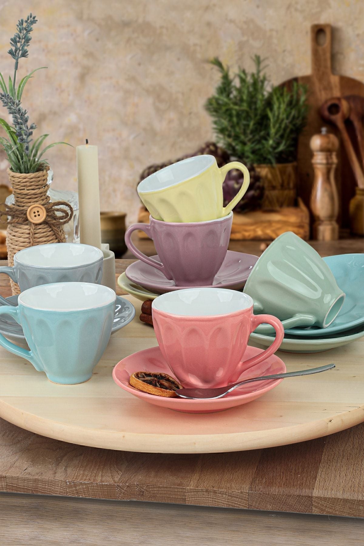 Keraart Soft Rainbow Badem Çay Fincan Takımı 12 Parça 6 Kişilik