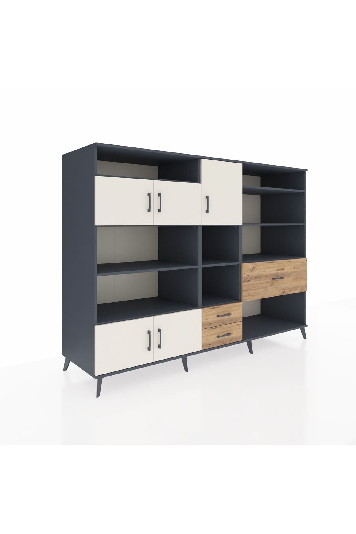 Kronos Dolap 13 Raflı 3 Çekmeceli 5 Kapaklı 220x59x163 Antrasit-Aytaşı/Çam