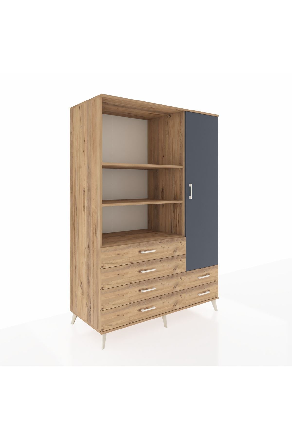 Kronos Dolap 7 Raflı 6 Çekmeceli Tek Kapaklı  132x59x195 Çam-Antrasit/Çam