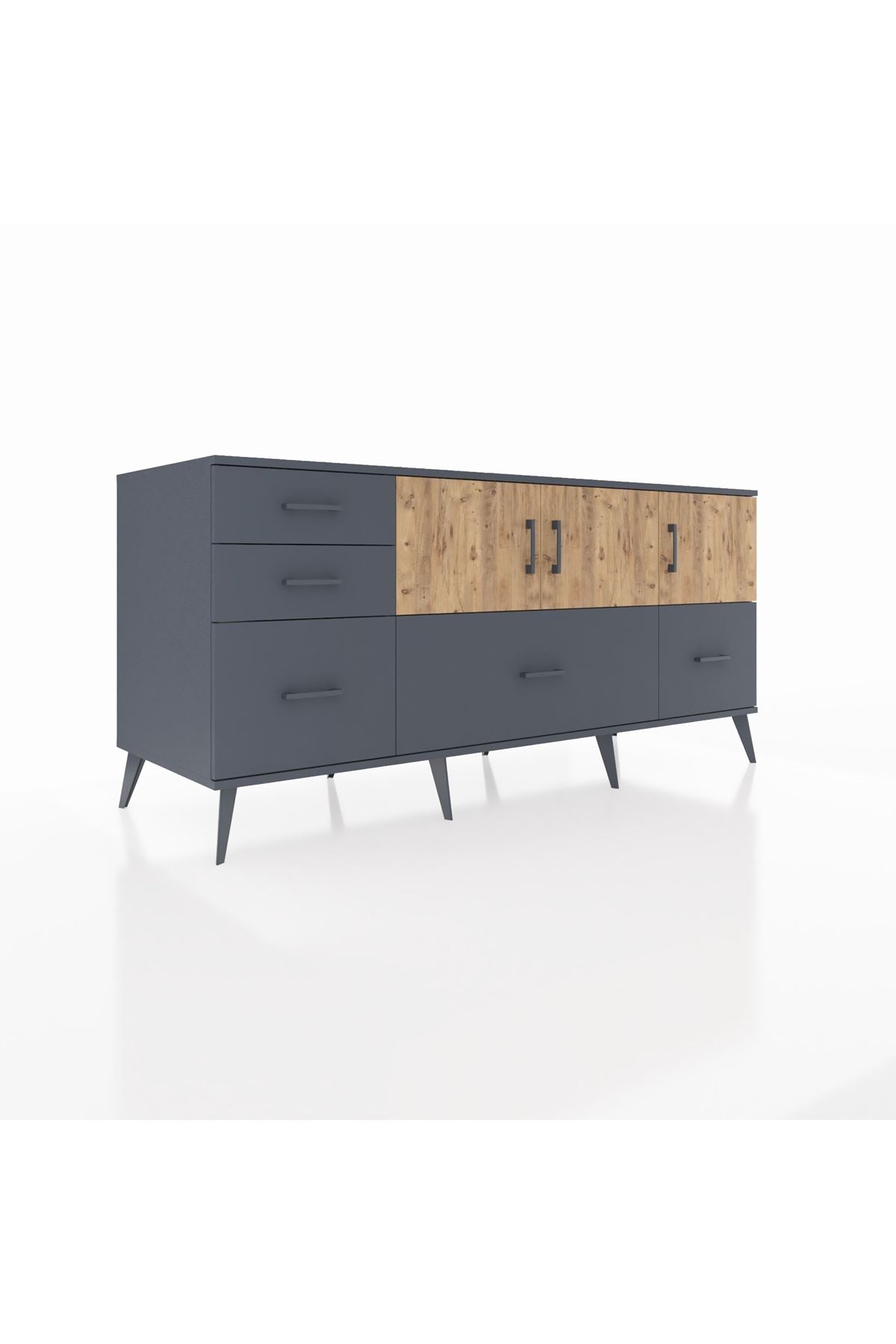 Kronos Konsol 2 Raflı 5 Çekmeceli 3 Kapaklı 176x59x83 Antrasit-Çam/Antrasit