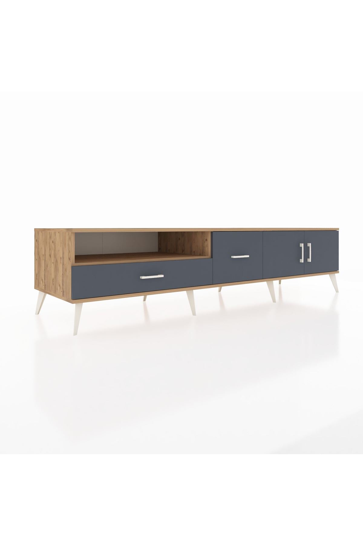 Kronos TV Ünitesi 2 Raflı 2 Çekmeceli 2 Kapaklı 220x59x51 Çam-Antrasit/Antrasit