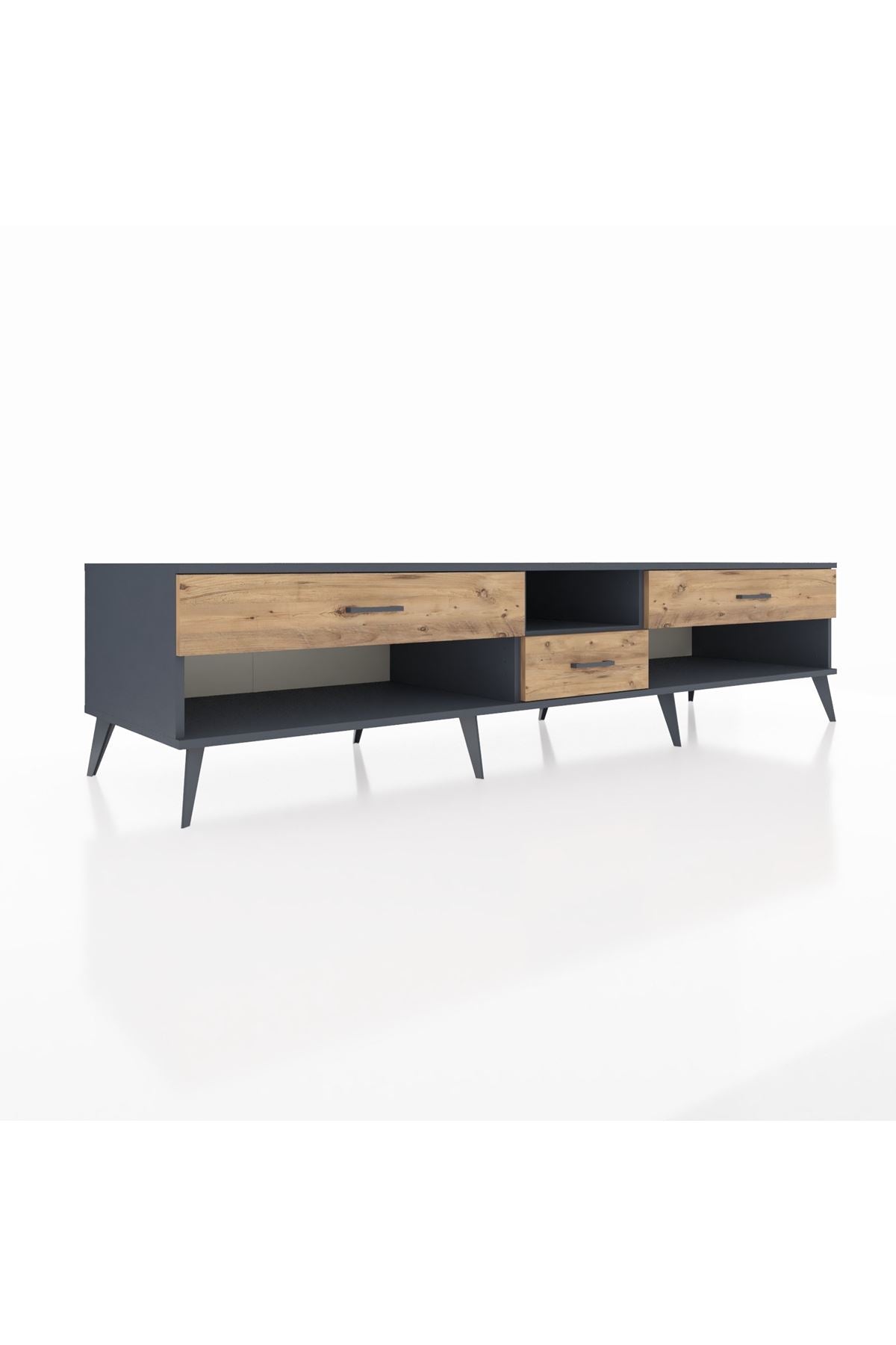 Kronos TV Ünitesi Tek Raflı 3 Çekmeceli  220x59x51 Antrasit-Antrasit/Çam