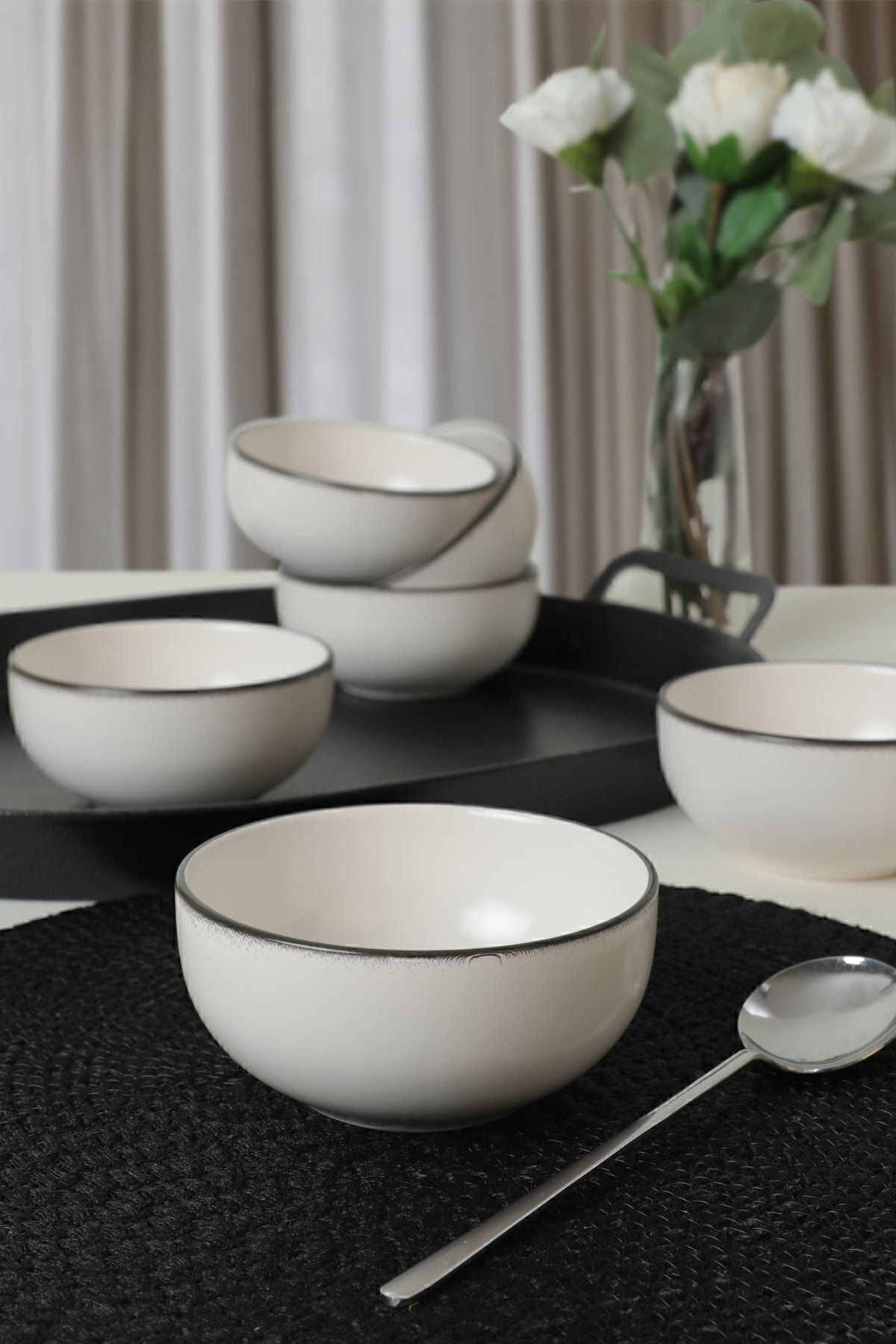 Mat Beyaz Siyah Fileli Bulut Çorba Kasesi 12 Cm 6 Adet 19685