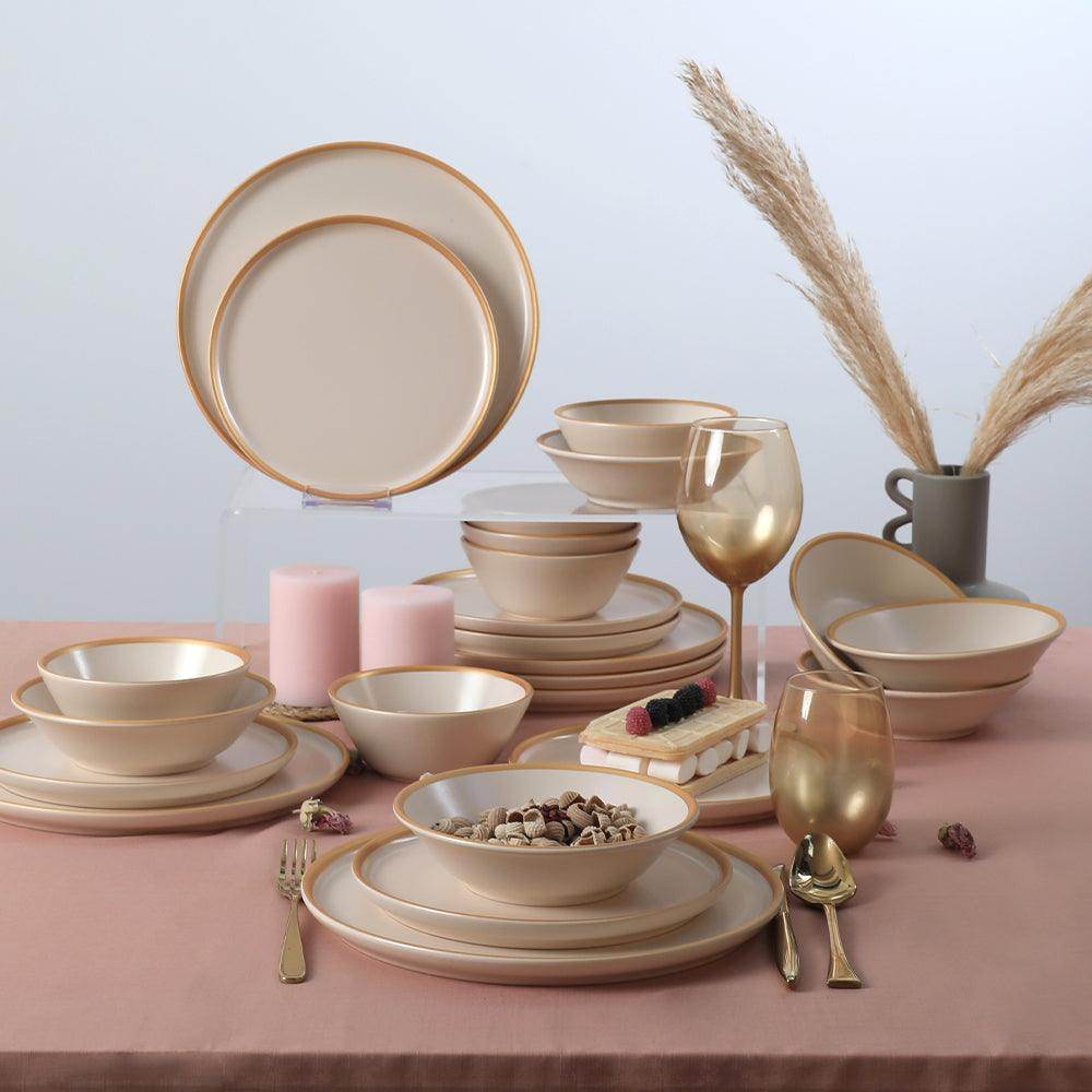 Mat Krem Gold Fileli Yemek Takımı 24 Parça 6 Kişilik