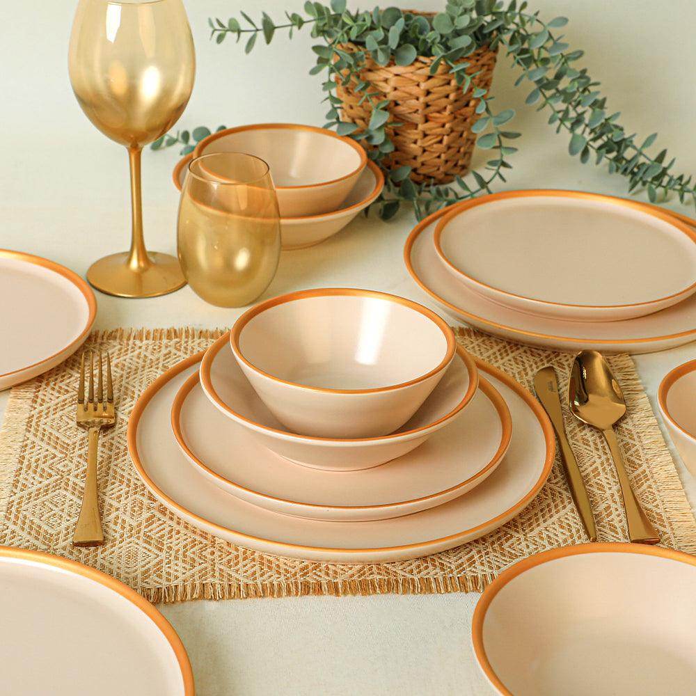 Mat Krem Gold Fileli Yemek Takımı 24 Parça 6 Kişilik