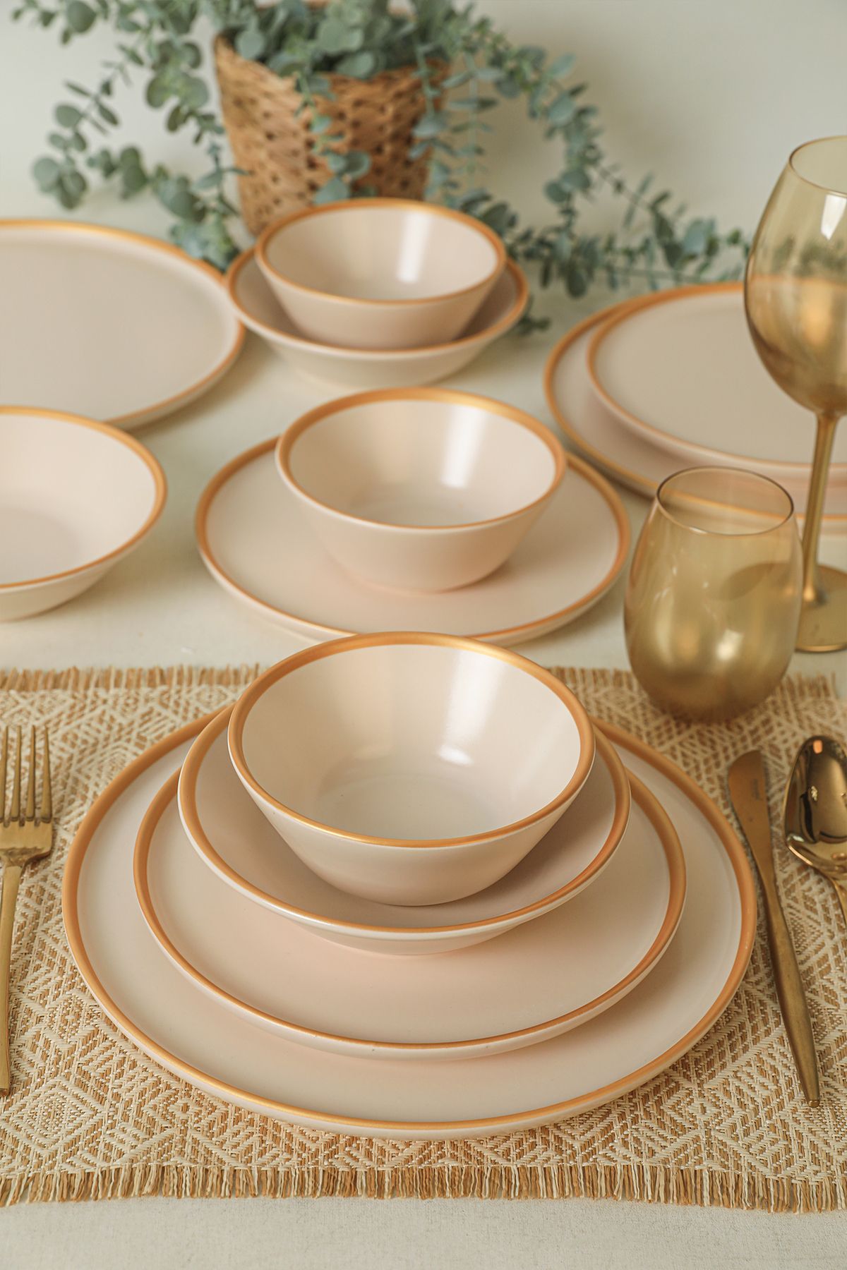 Mat Krem Gold Fileli Yemek Takımı 24 Parça 6 Kişilik