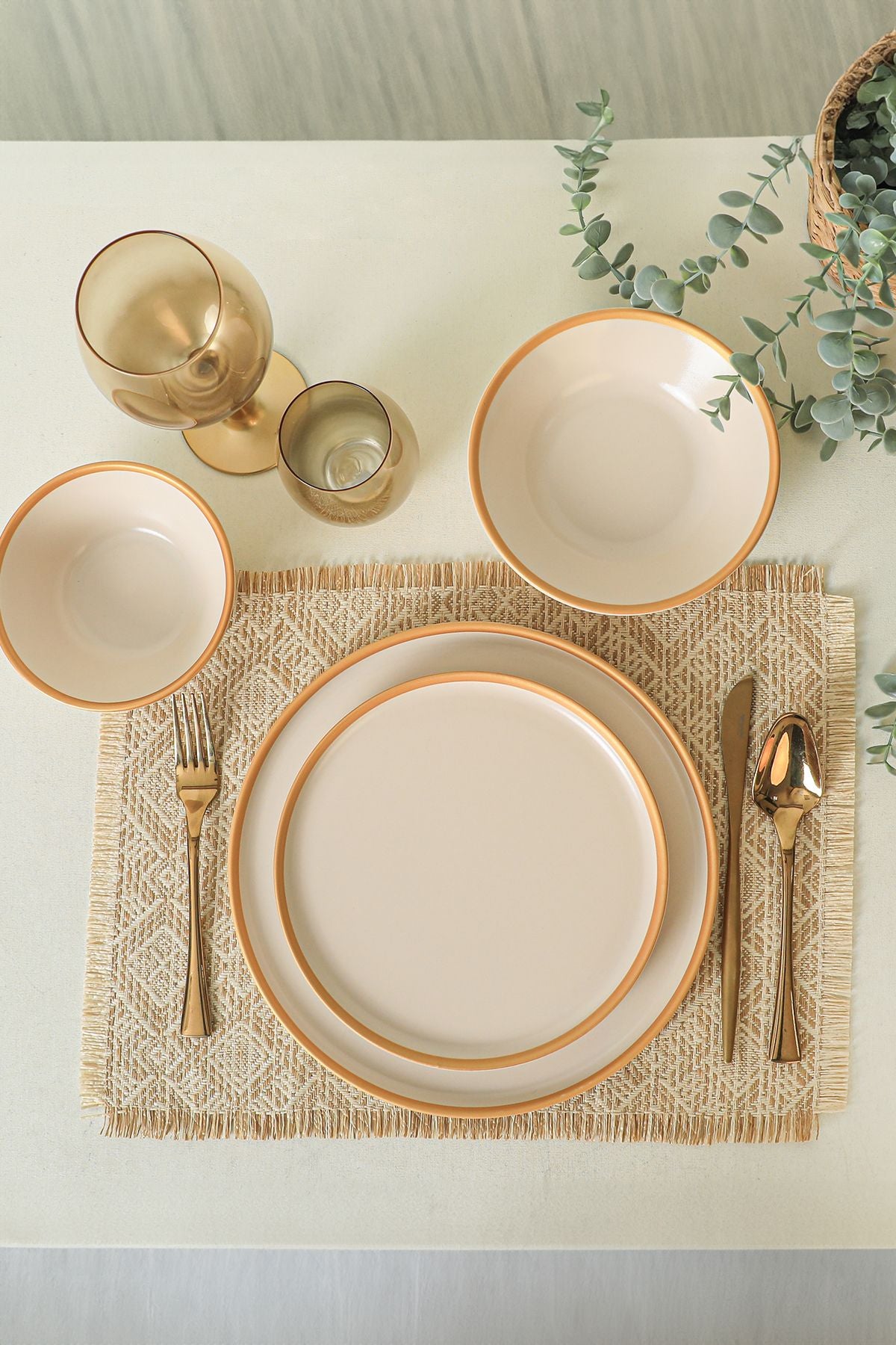 Mat Krem Gold Fileli Yemek Takımı 24 Parça 6 Kişilik
