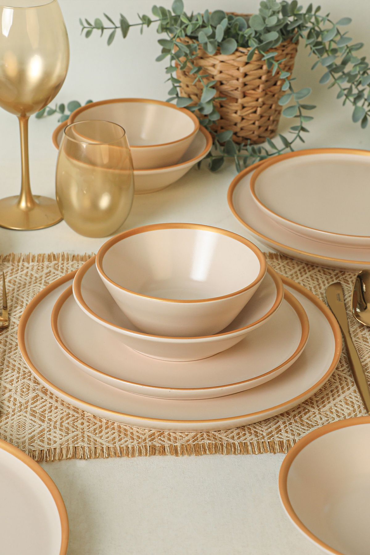 Mat Krem Gold Fileli Yemek Takımı 24 Parça 6 Kişilik