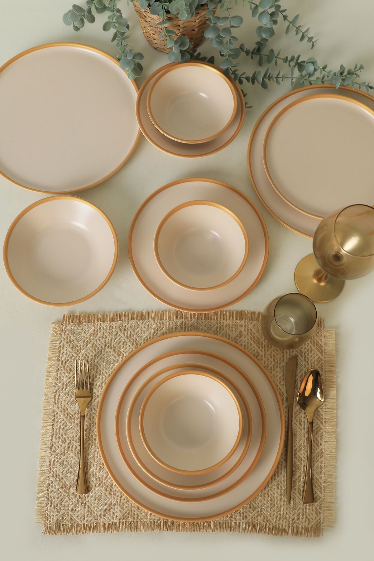 Mat Krem Gold Fileli Yemek Takımı 24 Parça 6 Kişilik