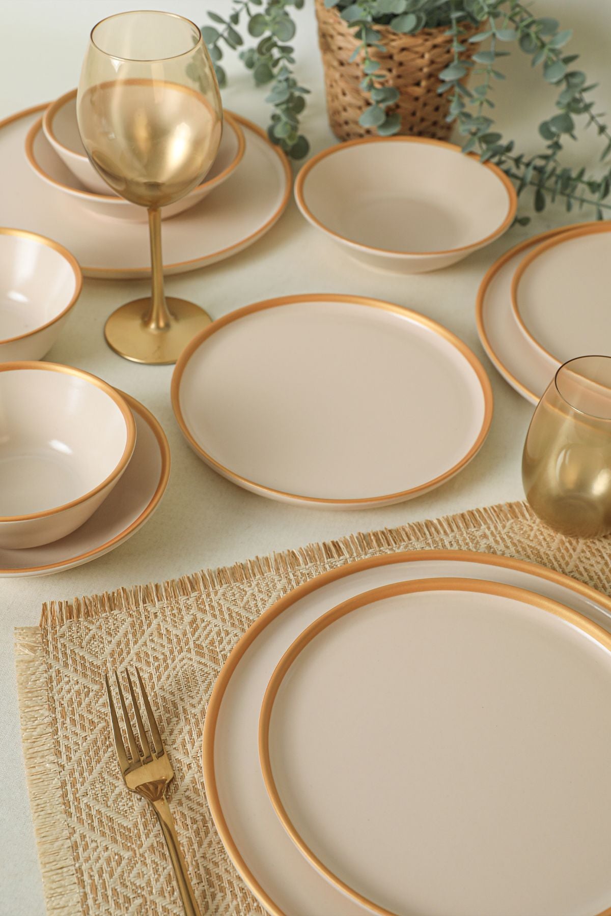 Mat Krem Gold Fileli Yemek Takımı 24 Parça 6 Kişilik