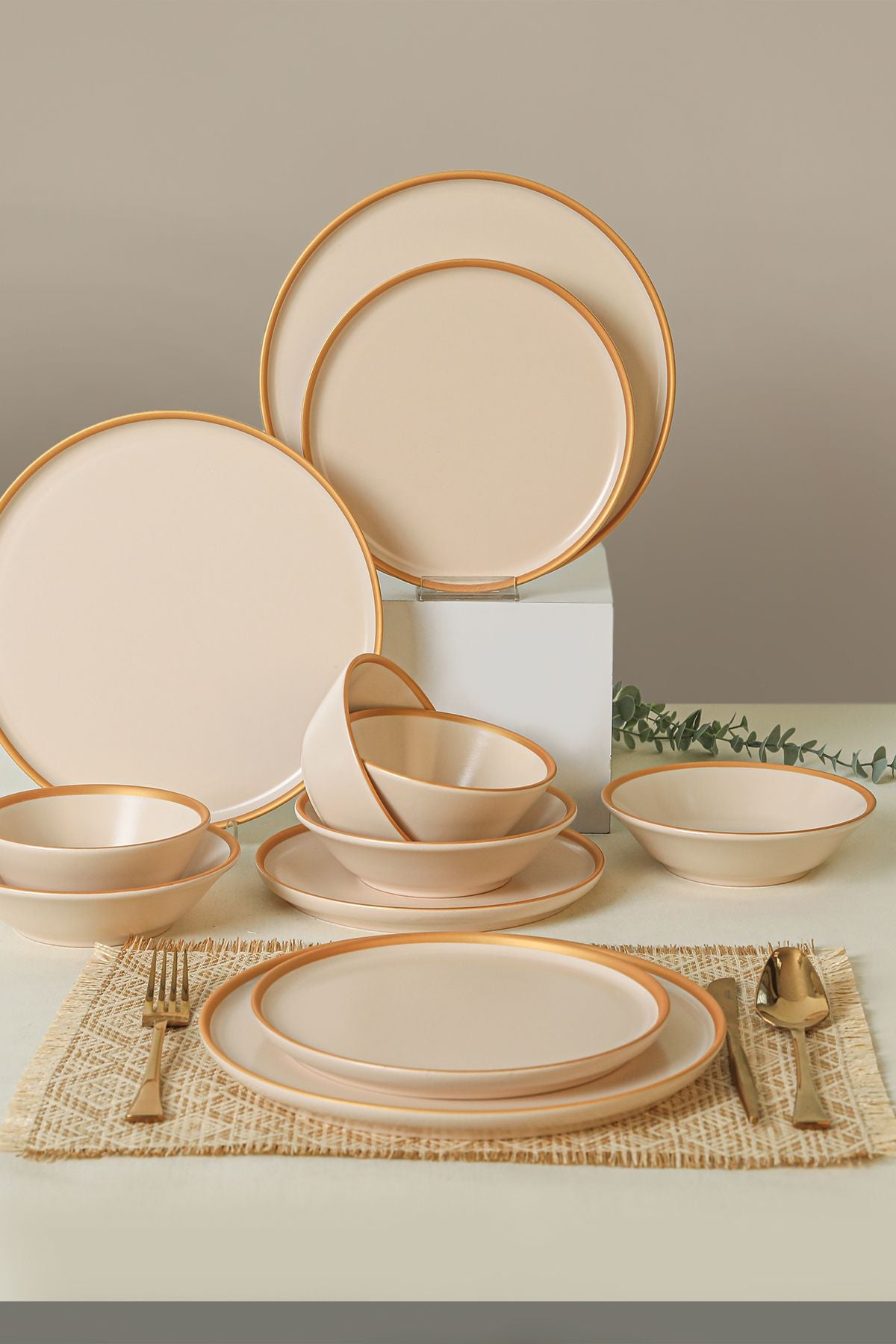 Mat Krem Gold Fileli Yemek Takımı 24 Parça 6 Kişilik