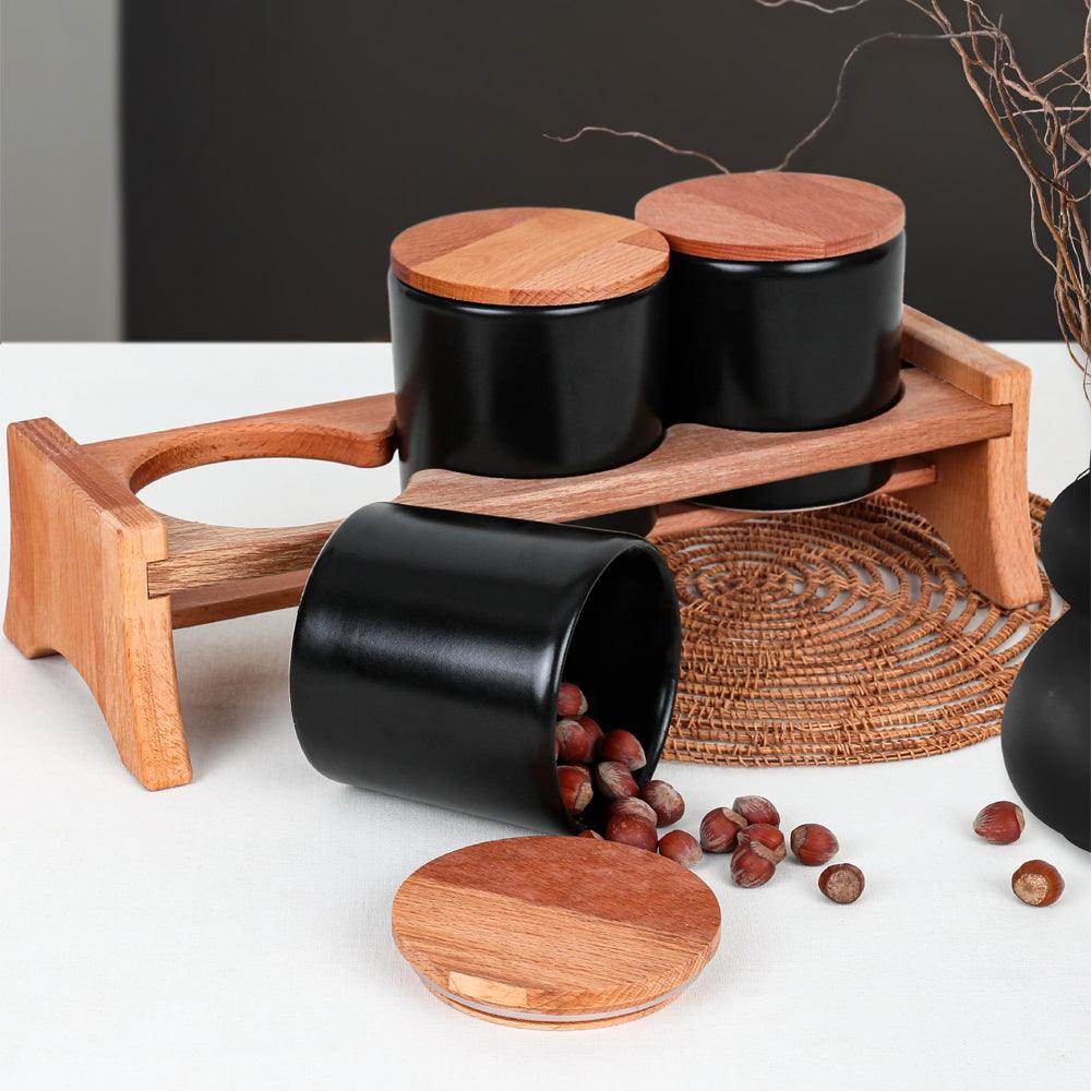 Mat Siyah Ege Ahşap Standlı Saklama Kabı 10 cm 3 Parça