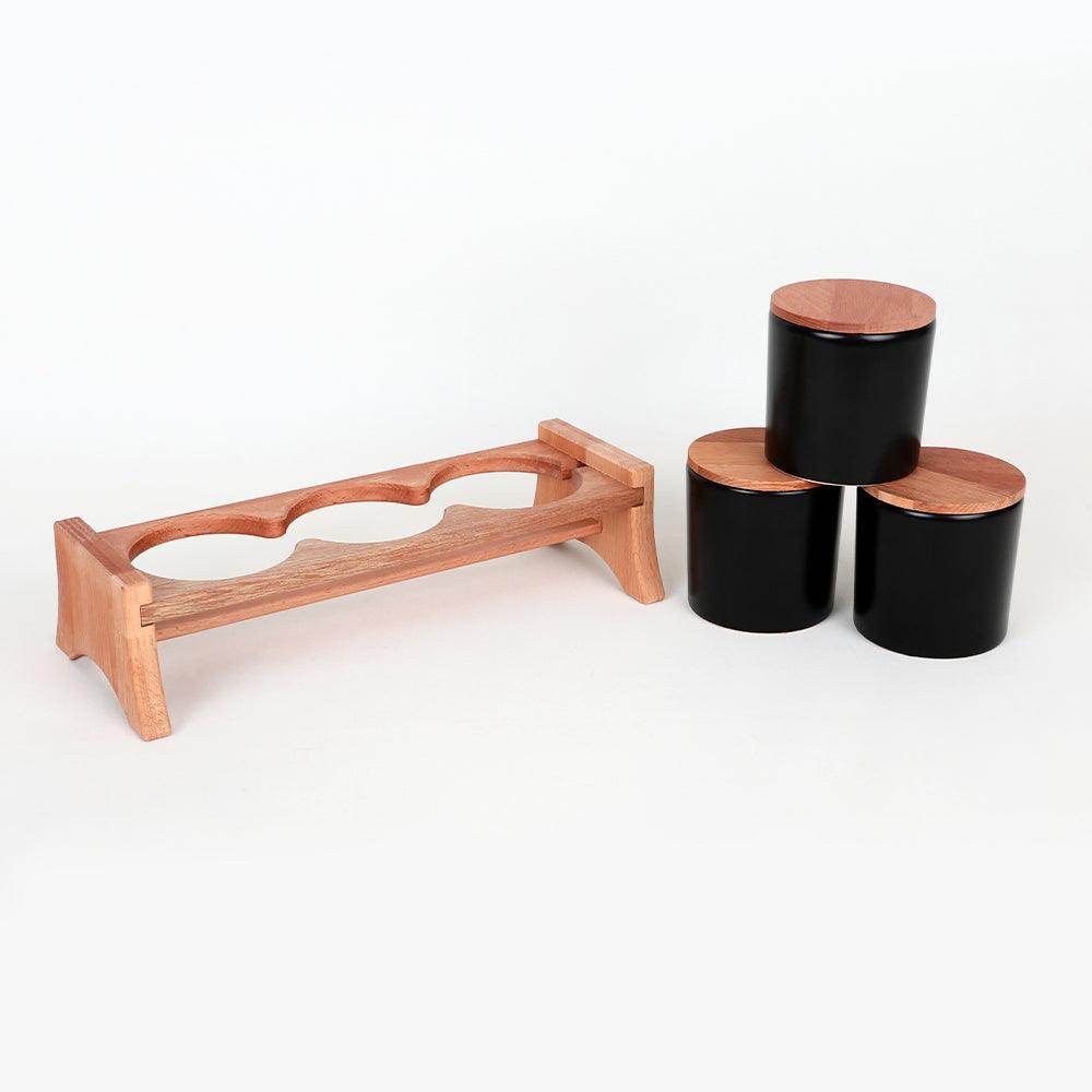 Mat Siyah Ege Ahşap Standlı Saklama Kabı 10 cm 3 Parça