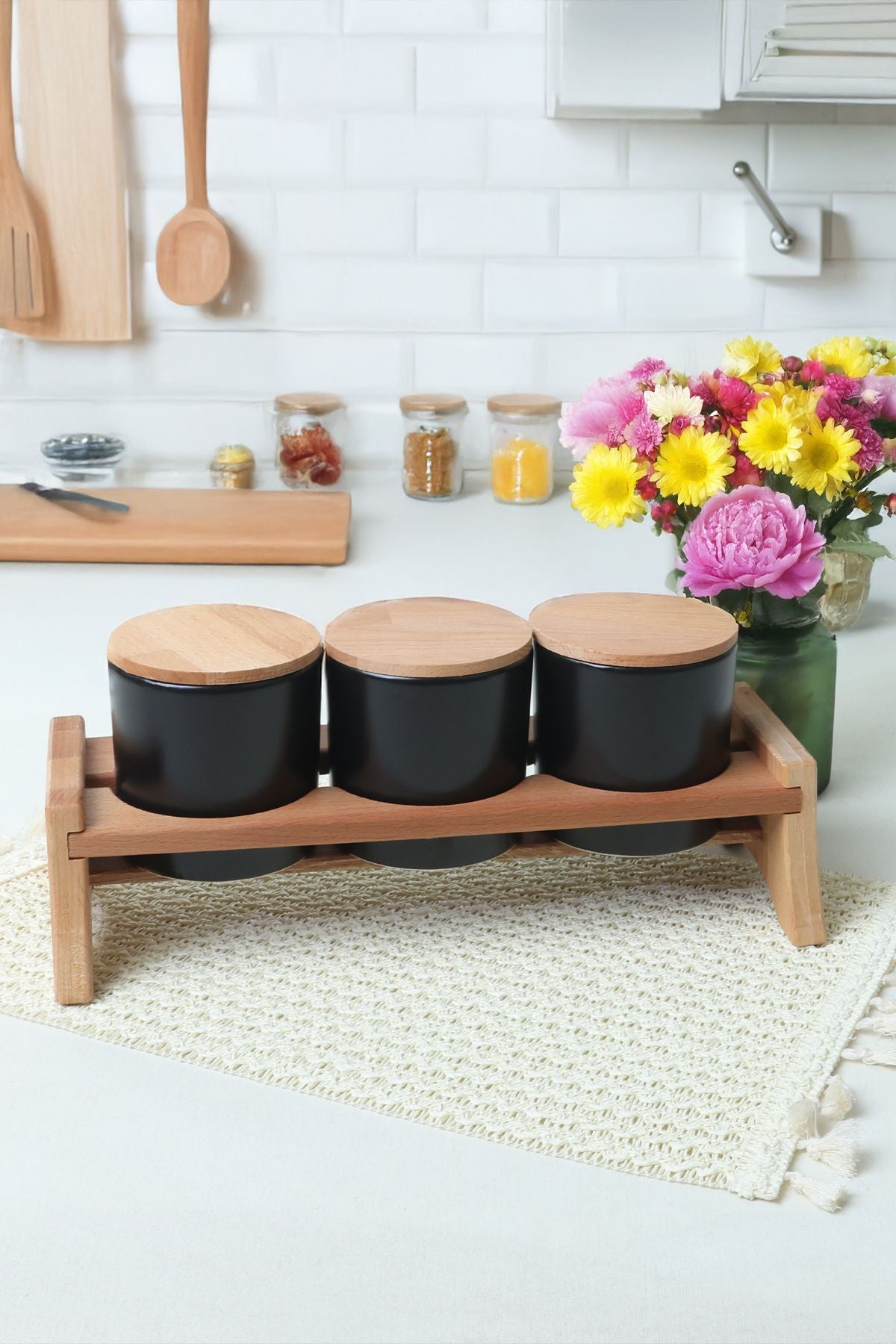 Mat Siyah Ege Ahşap Standlı Saklama Kabı 10 cm 3 Parça